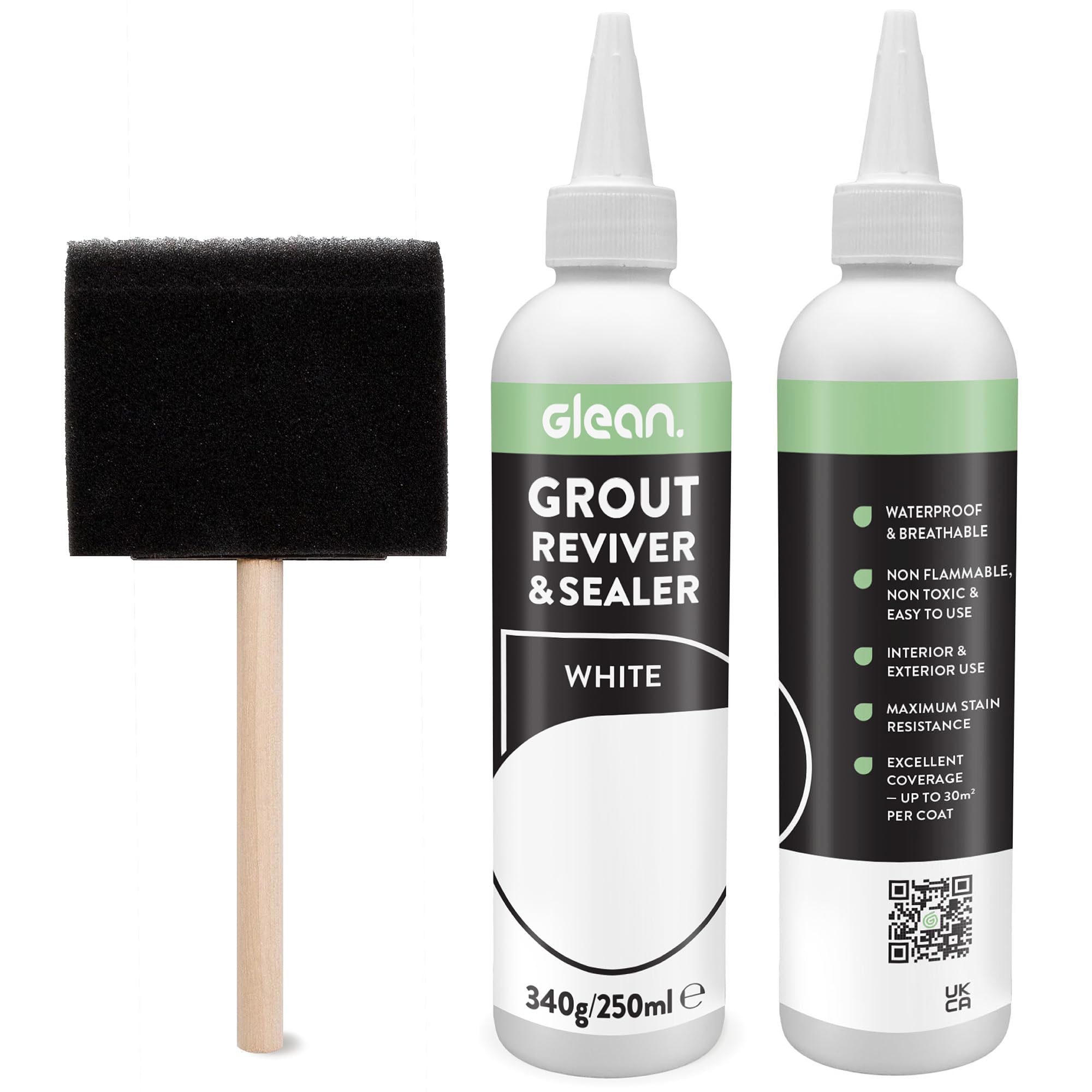 GLEAN Reviver y Sellador de Lechada | Blanco | 340 g | Restaura, Repara, Renueva Azulejos | Incluye Cepillo de Espuma | Resistente a las Manchas y Transpirable