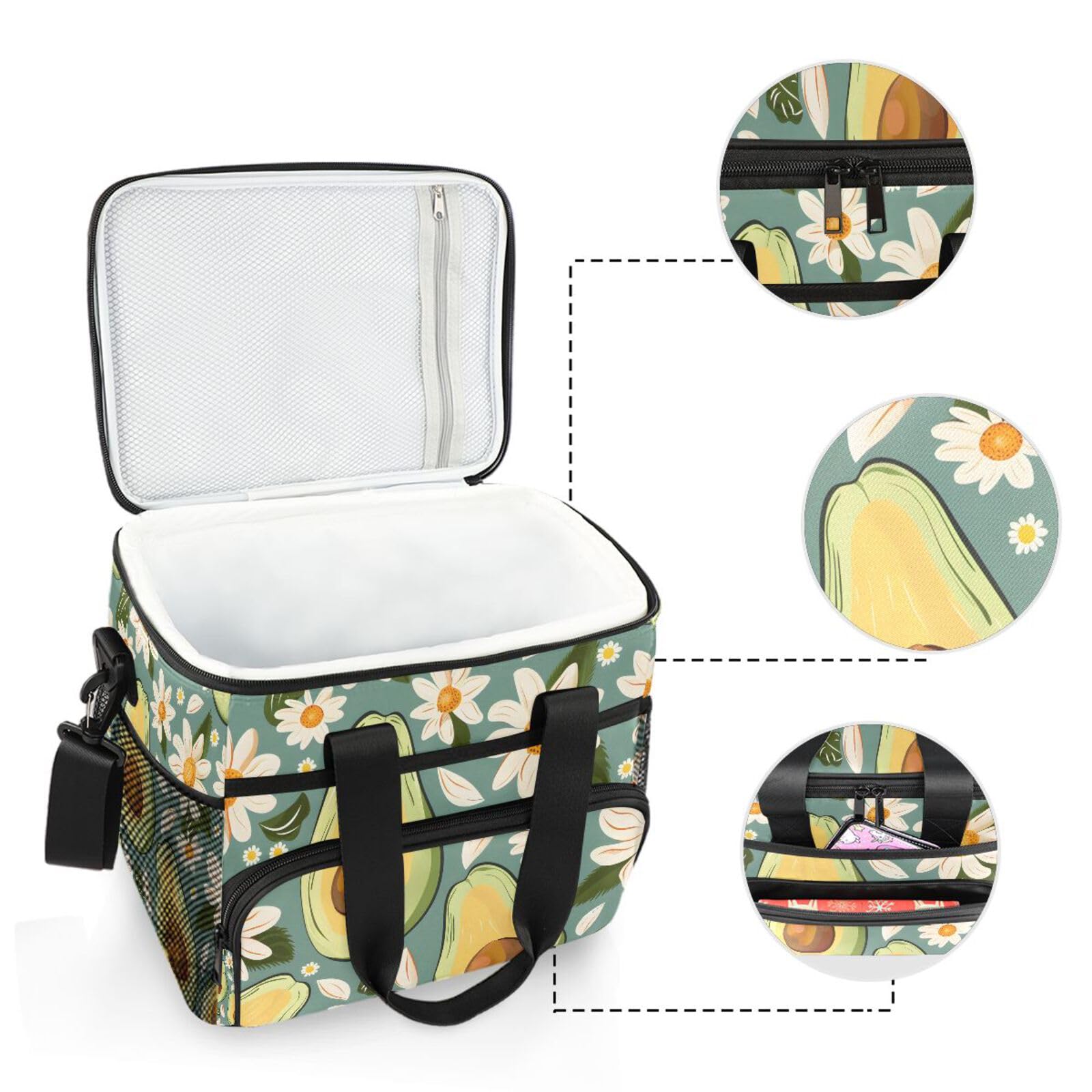 Grüne Avocado-weiße Gänseblümchen-Kühltasche, groß, isolierte Lunchtaschen, Picknick-Kühltasche, 15 l, 24 Dosen, wasserdichte Thermotasche für Erwachsene, Männer, Frauen