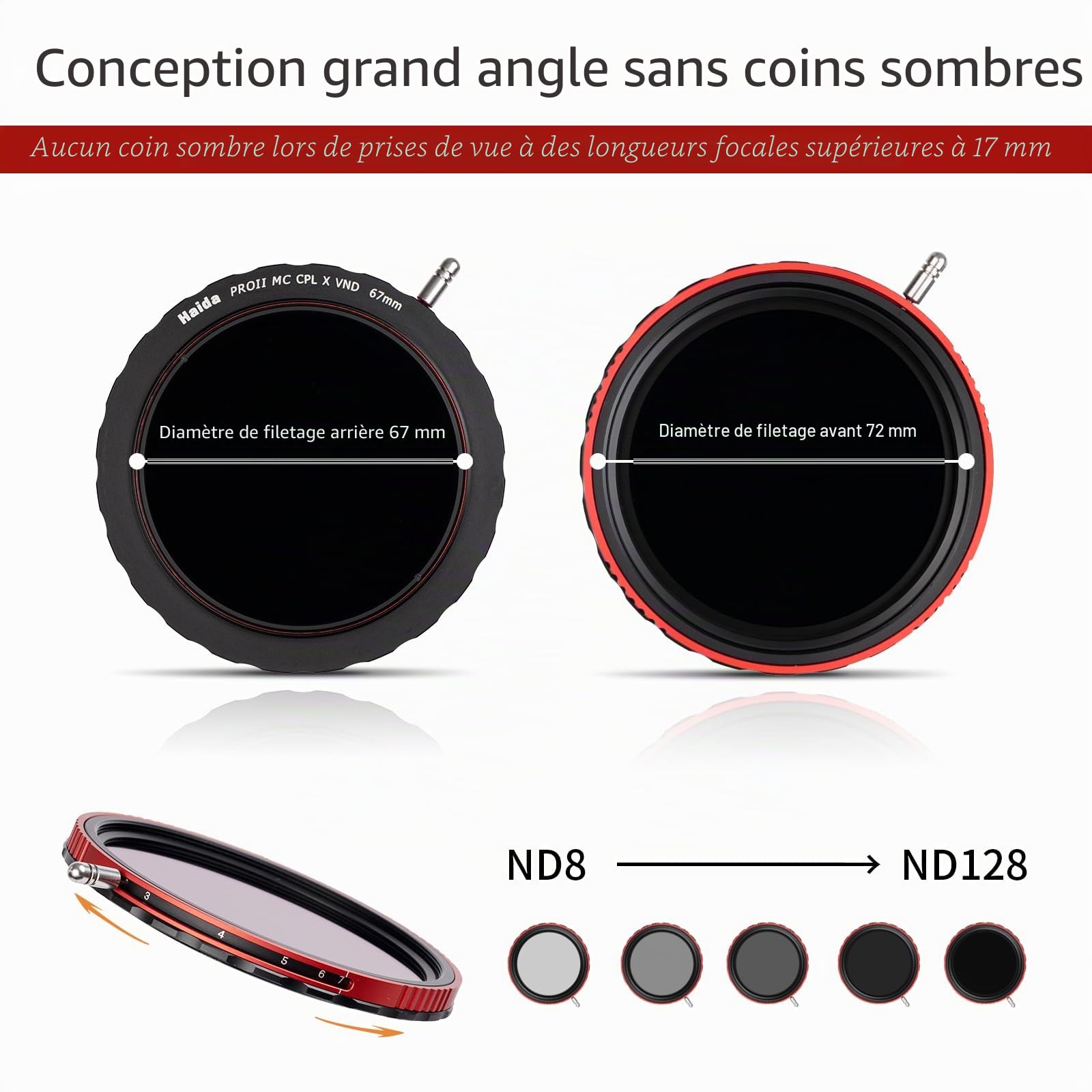 Haida Filtre réglable 77mm VND+CPL 2 en 1 ND8-ND128 (3-7 arrêts) polarisateur Nano-revêtement Multi-revêtement + Filtre à densité Neutre Variable avec Bouchon d'objectif (série Pro II)