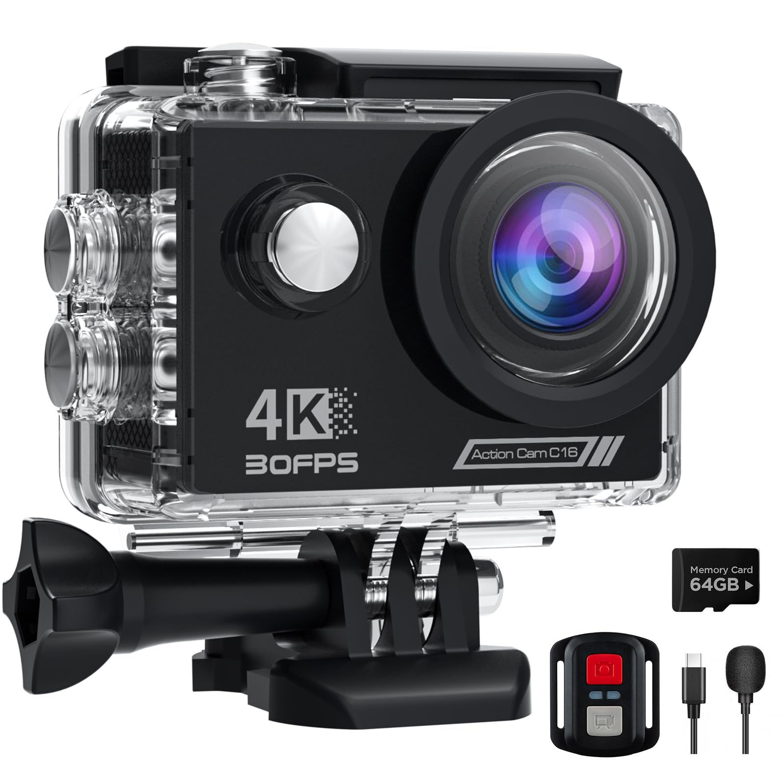 Camlance Action Cam 4K 30FPS, HD 20MP WiFi Videocamera con Scheda SD da 64G, Fotocamera Sott'acqua 40M con Telecomando,170° Telecamera Subacquea, 2 Batterie e Accessori di Montaggio
