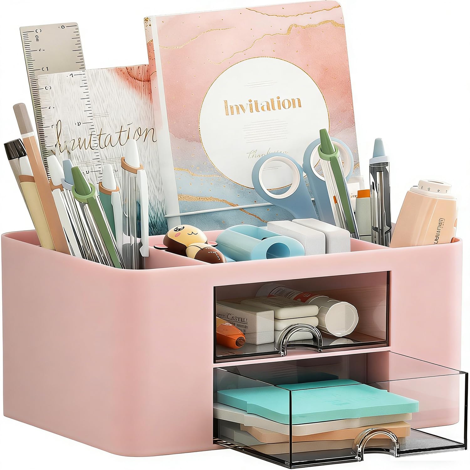 hzfengsheng Desk Organiser with 7 Grids, Creative & Simple Table Organiser with Drawer, Multifunctional Desk Organiser, Pen Holder for School, Office, Home (Pink)