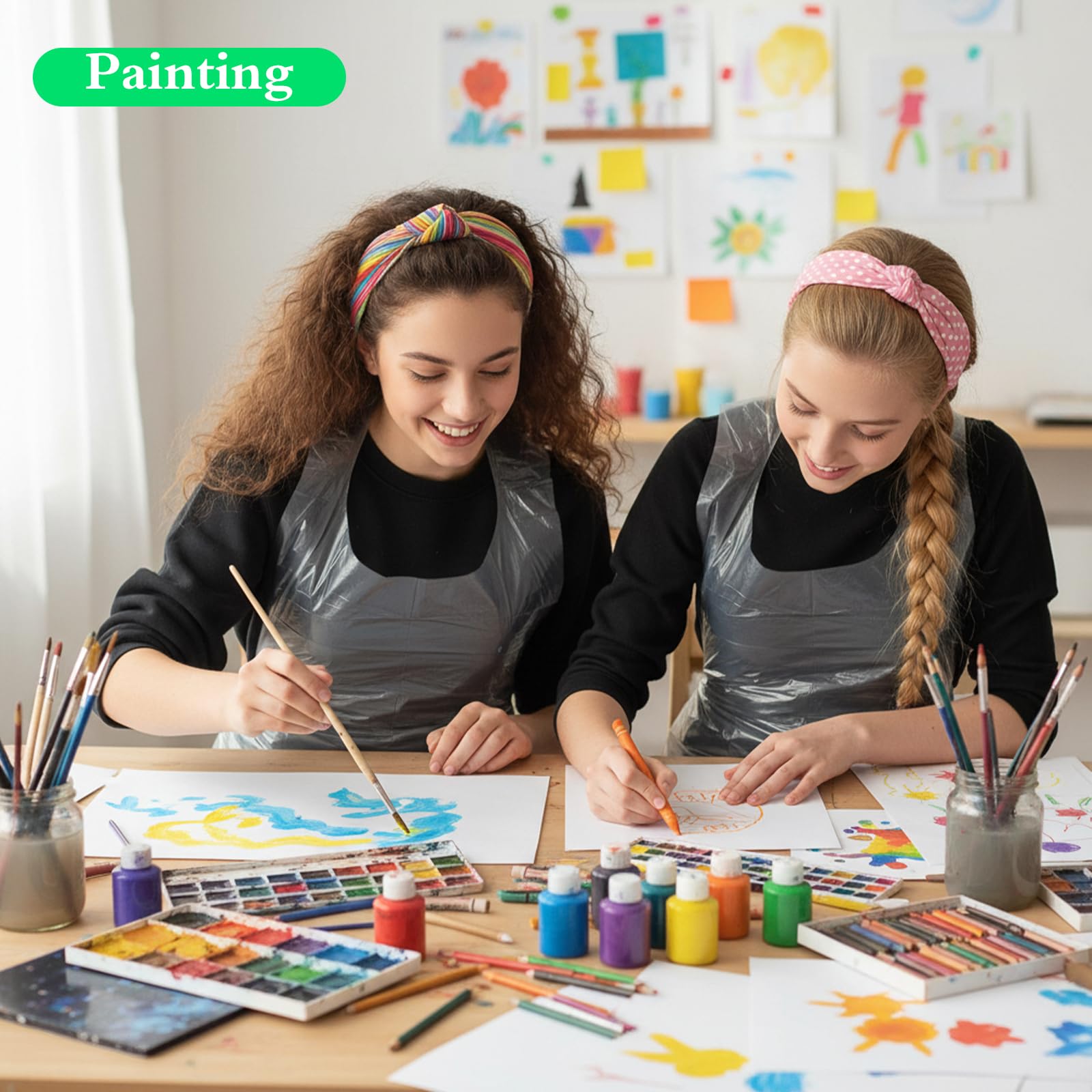 Nogeqi 50 sztuk fartuchów dla dzieci, jednorazowe fartuchy plastikowe, jednorazowe, plastikowe, 55 x 65 cm, wodoodporne, jednorazowe fartuchy Pe przezroczyste do gotowania, czyszczenia, malowania