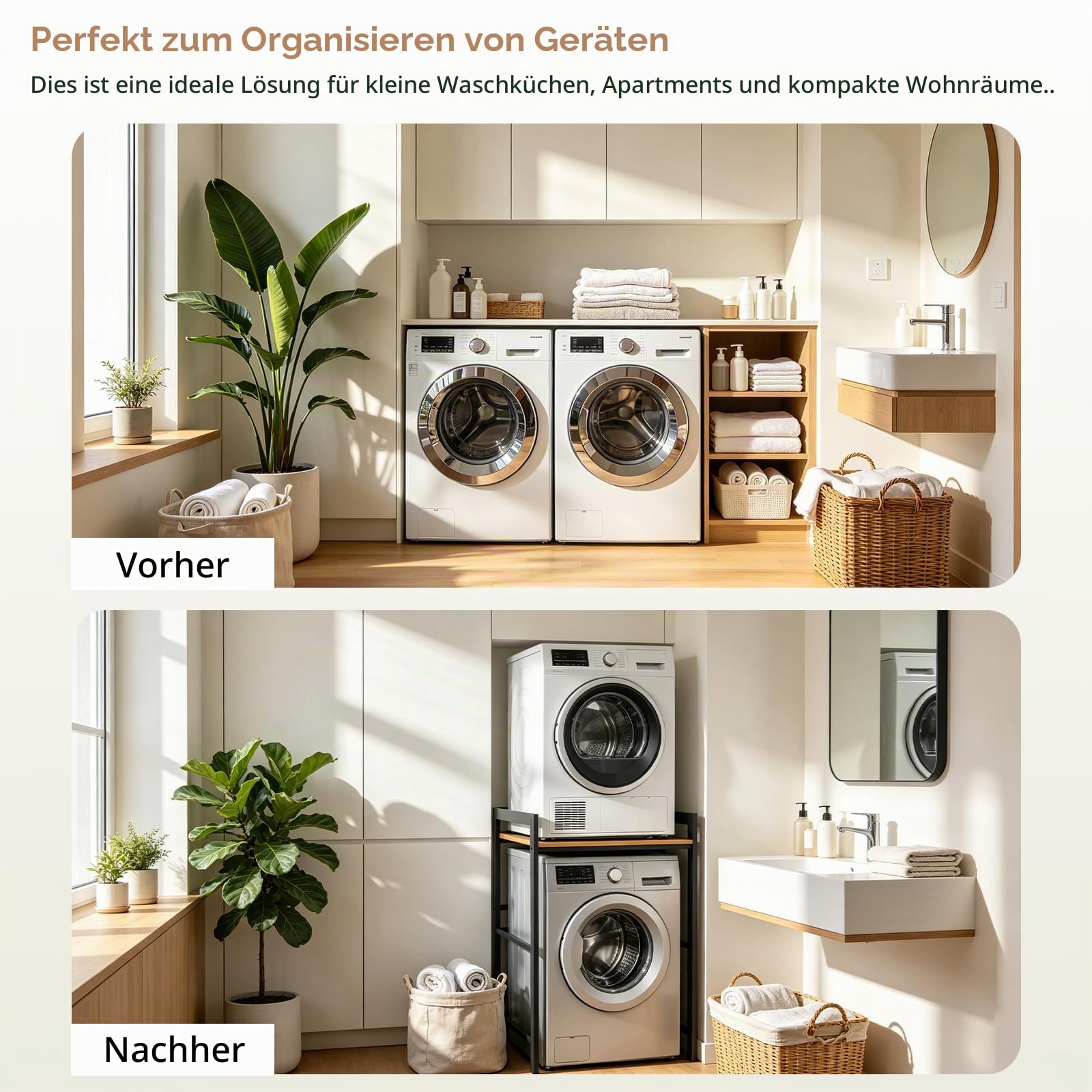 Waschmaschinenregal 3 Höhenverstellbar, Verstellbar Waschmaschine Trockner Schrank, Regal für Waschmaschine, bis 350 kg, Schrank für Waschmaschine und Trockner, 69x65x102cm (Schwarz)