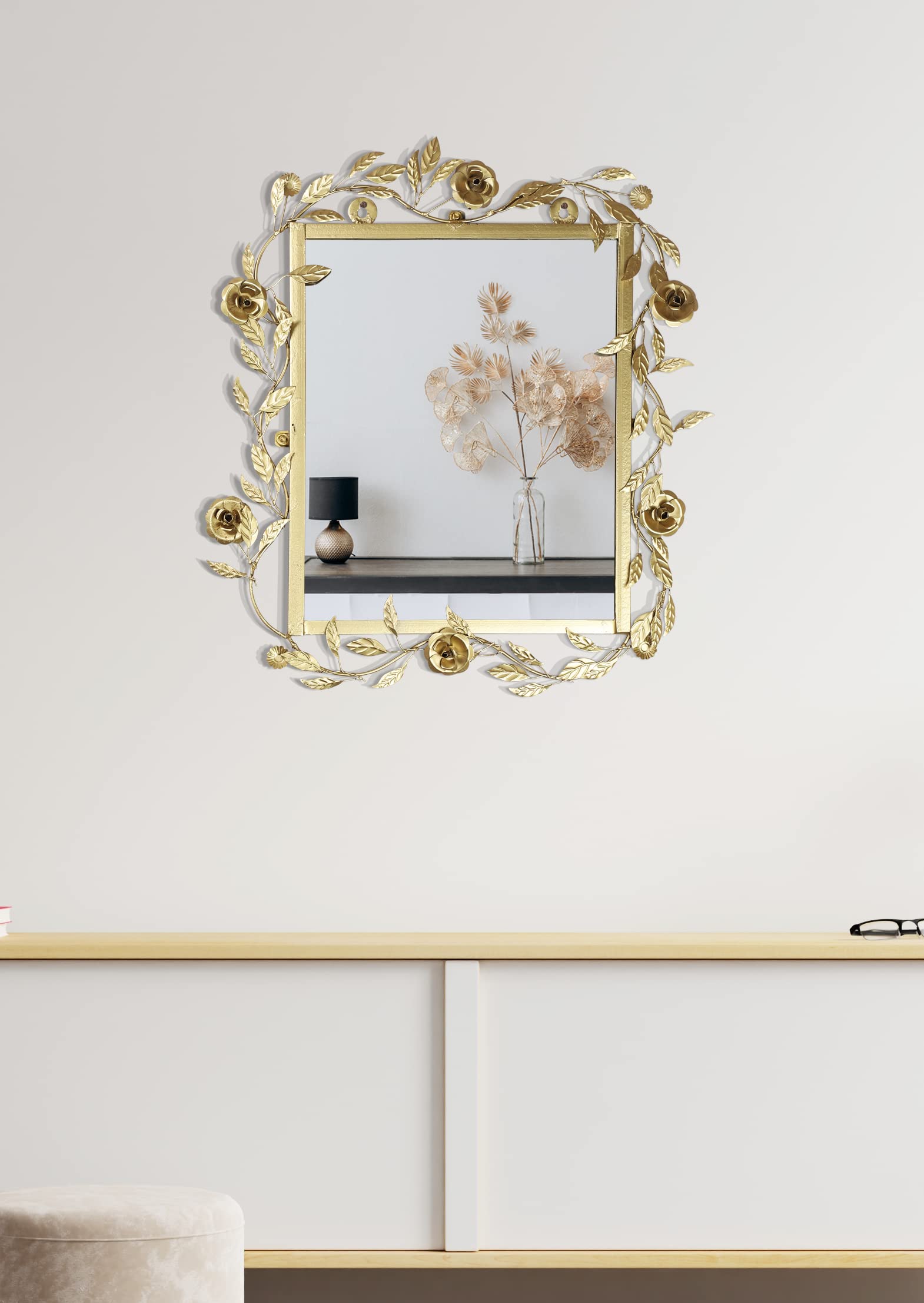 Spaziomaker Alloy iron Beautiful Leaf rectangular Wall Mirror for home decor | living room 50cm X 46cm (MIR_103)