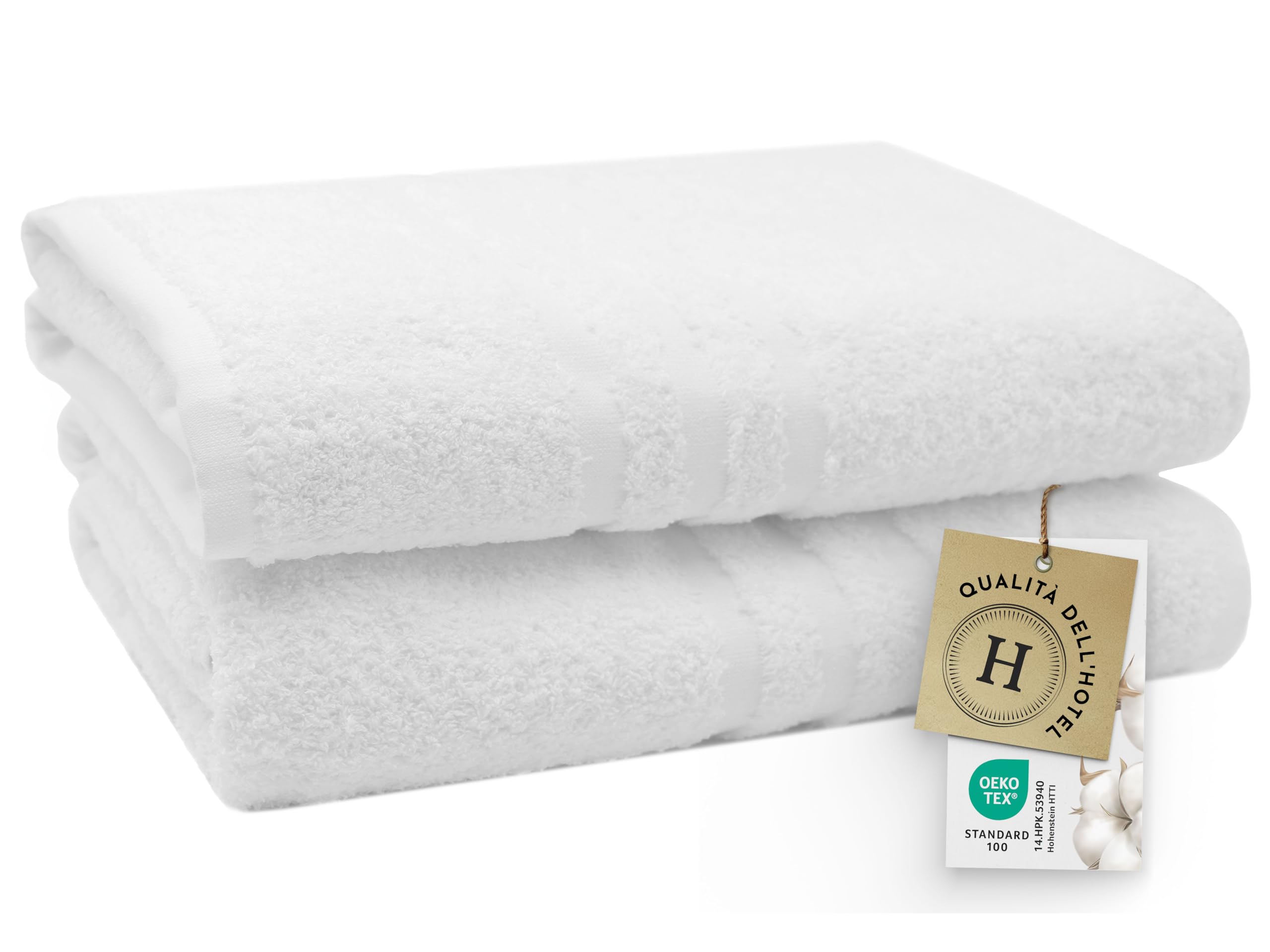 ZOLLNER set di 2 asciugamani da doccia 100x150 cm - morbidi e assorbenti teli grandi bianchi - con pratico gancetto - lavabili fino a 95°C - cotone - qualità alberghiera