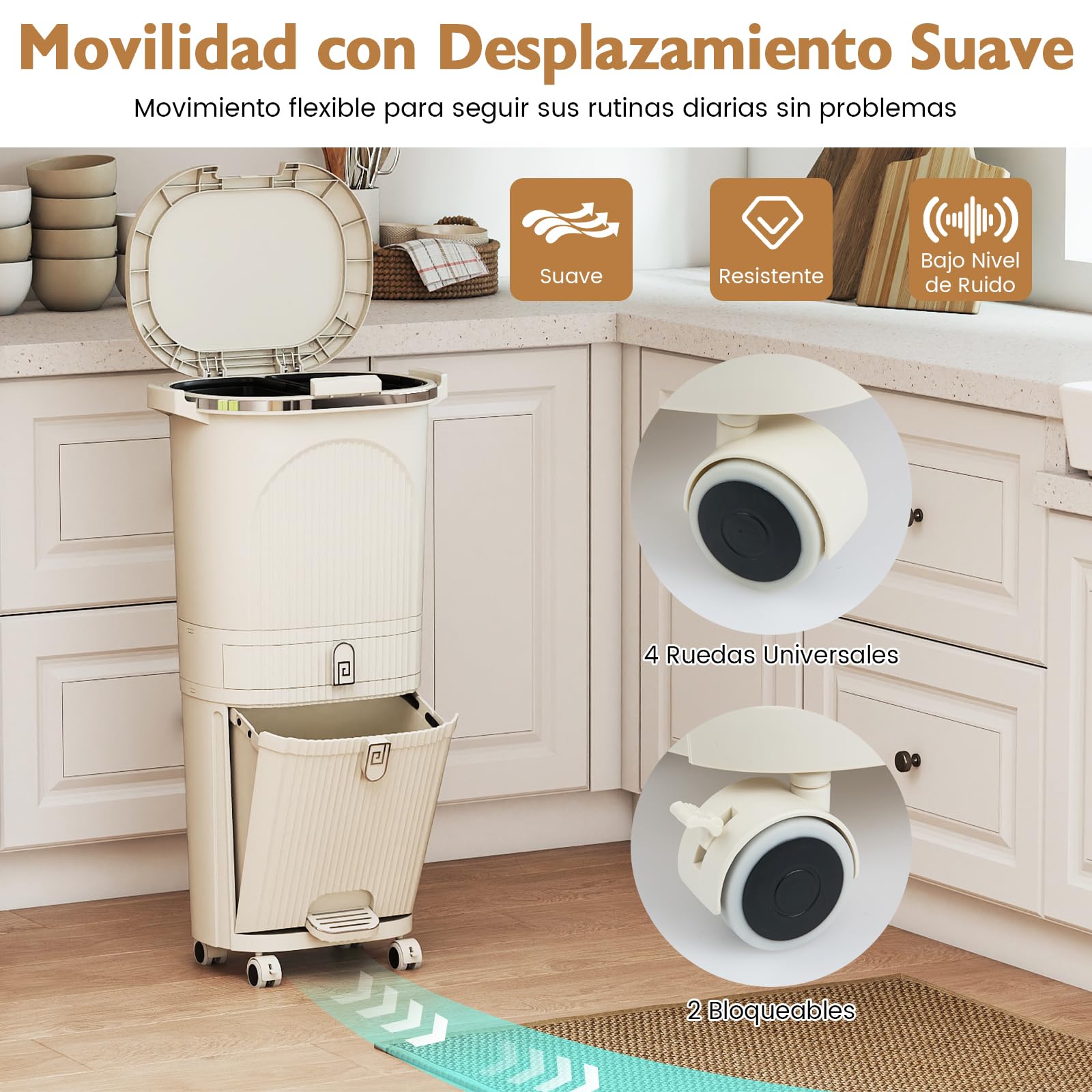 GOPLUS Cubo de Basura Cocina 42 L con 3 Compartimentos, Pedal y Ruedas, Cubo Basura con Tapa, 2 Cubos Extraíbles y Cajón, Contenedor Vertical para Reciclaje para Salón, Baño, Beige