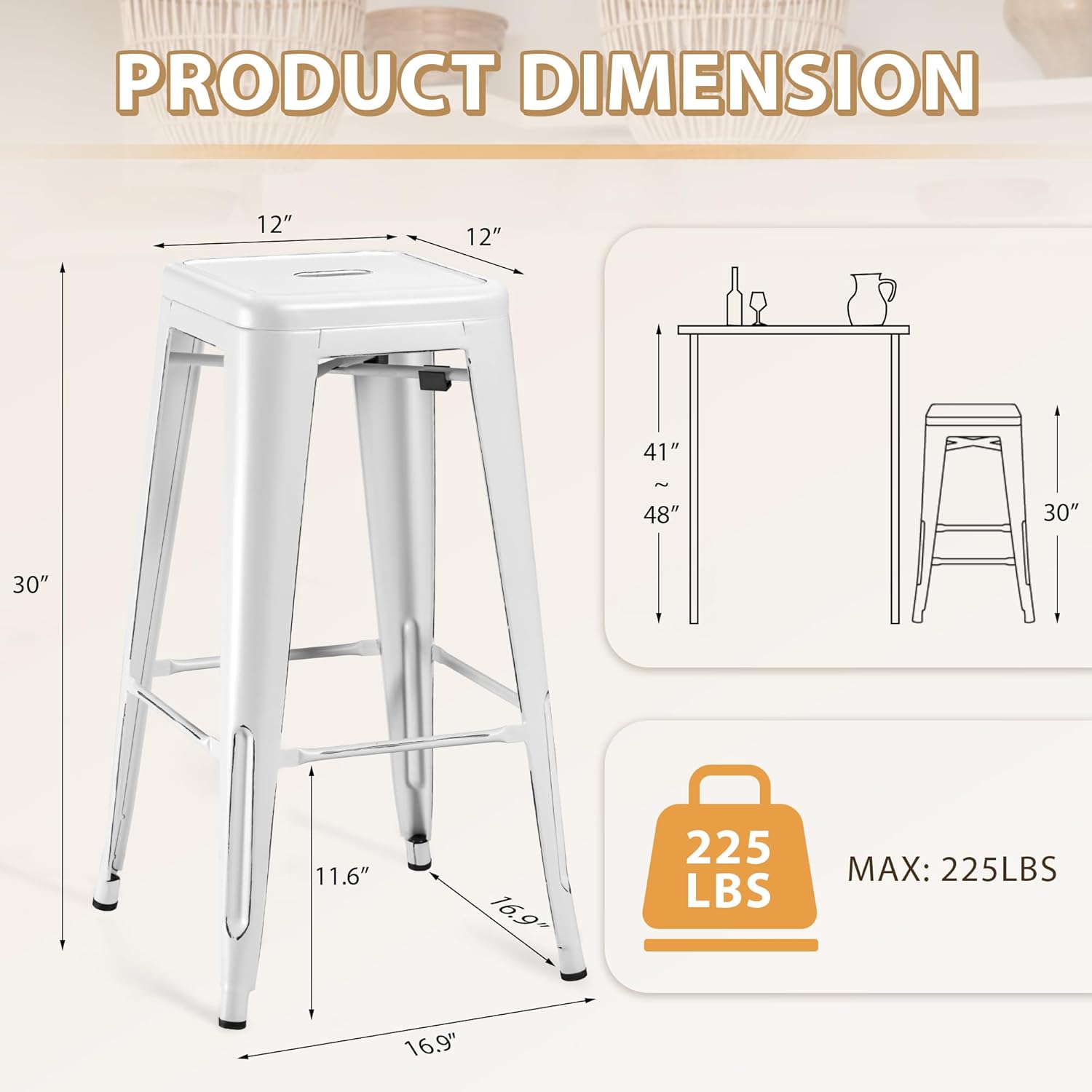 Furmax 30 Inch Metal Bar Stools Set of 4, Counter Height Backless Stools, Industrial Bar Chairs Patio Stool Stackable Backless Stool for Kitchen/Dining Room/Bistro Indoor Outdoor (Distressed White)