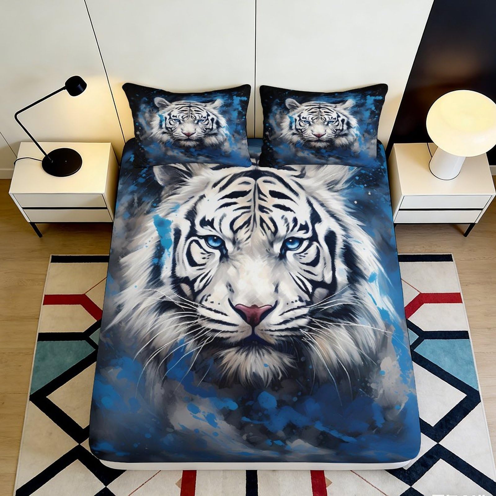 3D Printed White Tiger Fitted Sheet, Microfiber, Soft Touch, Bedroom Decor, Wrinkle Resistant, Bed Sheet for Home, Guest Room Bedding, Easy Care, 120x200cm 90x200x25cm