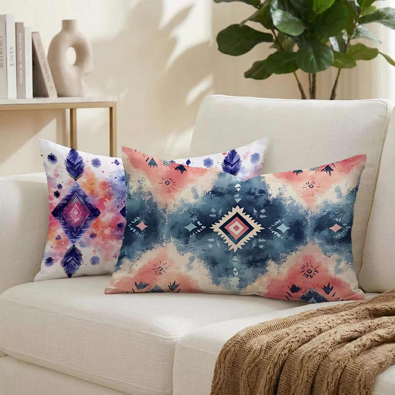 Housse coussin 50x80 cm au tissage structure motif lin bleu pour decoration maison raffinee