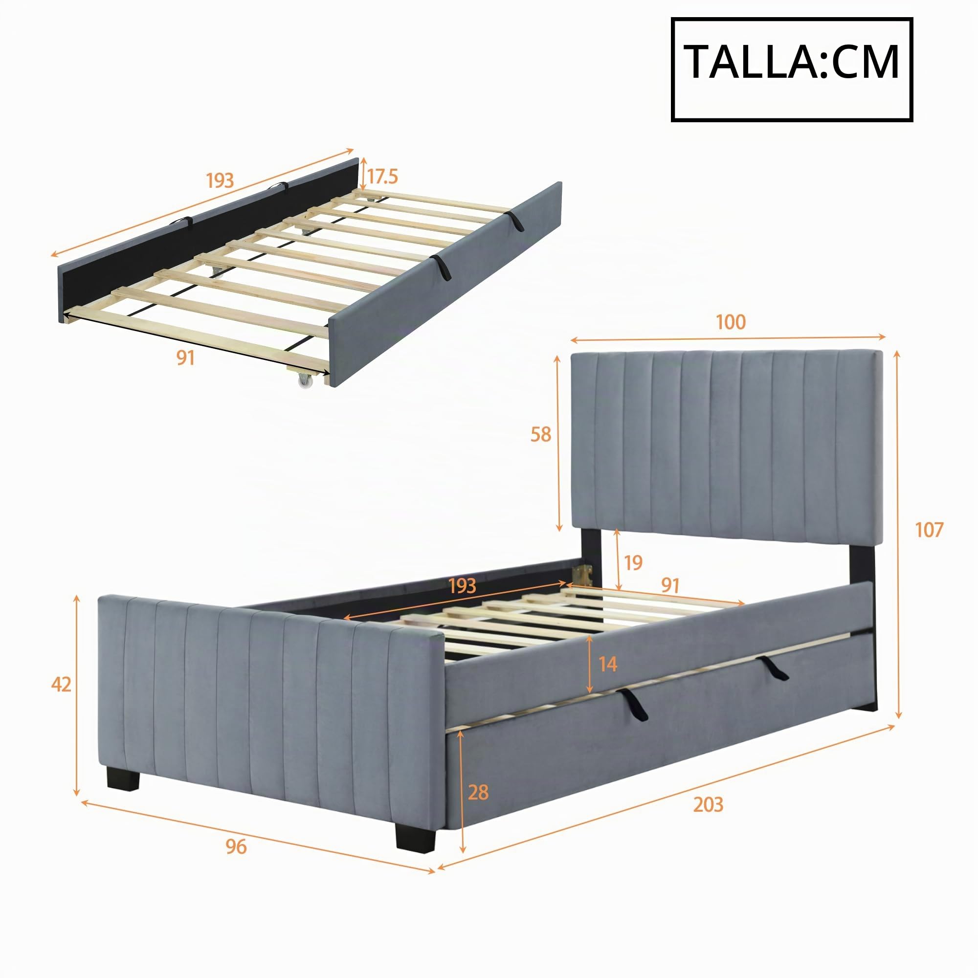 KAZZIO Cama tapizada de 90 x 190 cm con cama nido, cama individual plana en tela de terciopelo agradable a la piel, para niños, cama juvenil, cama de invitados, color gris