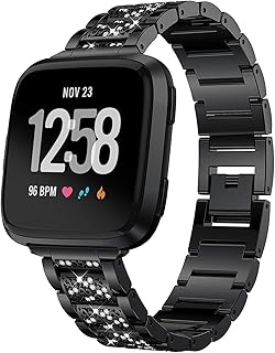 Jewelry Bling Bands Compatible with Fitbit Versa Band/Fitbit Versa 2 Band for Women, Diamond Rhinestone Bracelet Metal Strap Replacement for Versa/Versa 2/Versa Lite smartwatch (Black)
