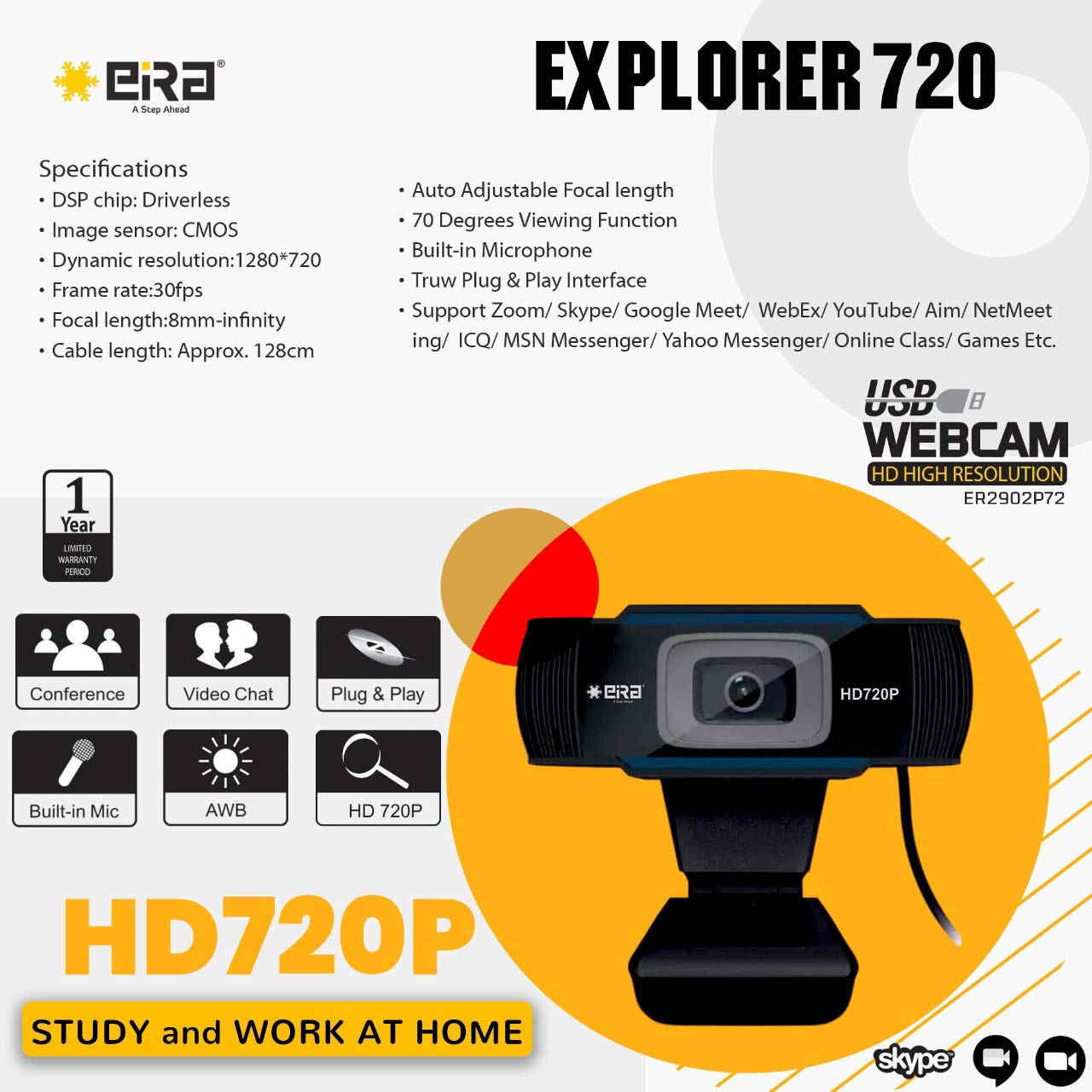 Eira tek Explorer USB Webcam Explorer 720 HD Built-in Mic