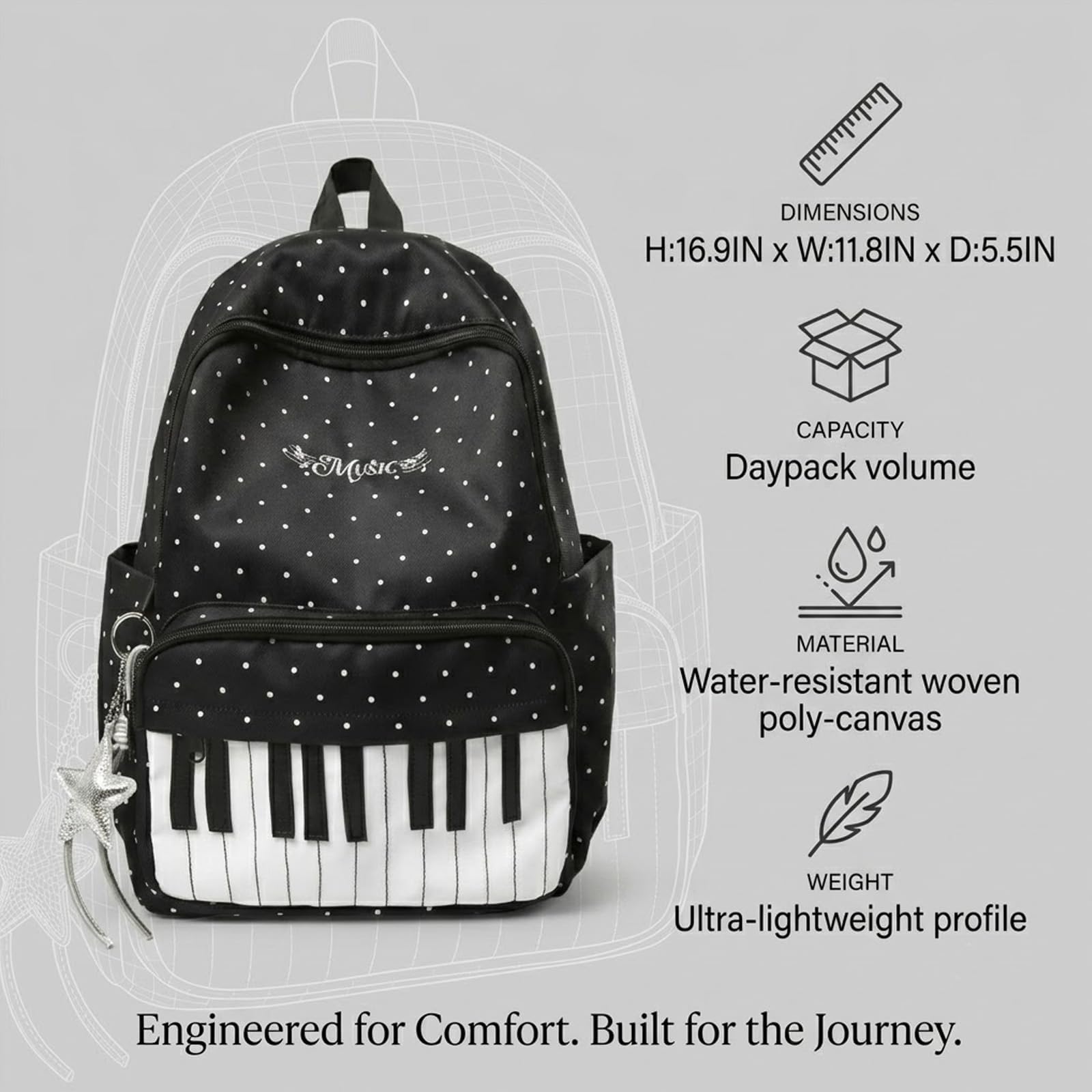 Piano Backpack for Women, Cute Polka Dot Backpack for Commute (Black)
