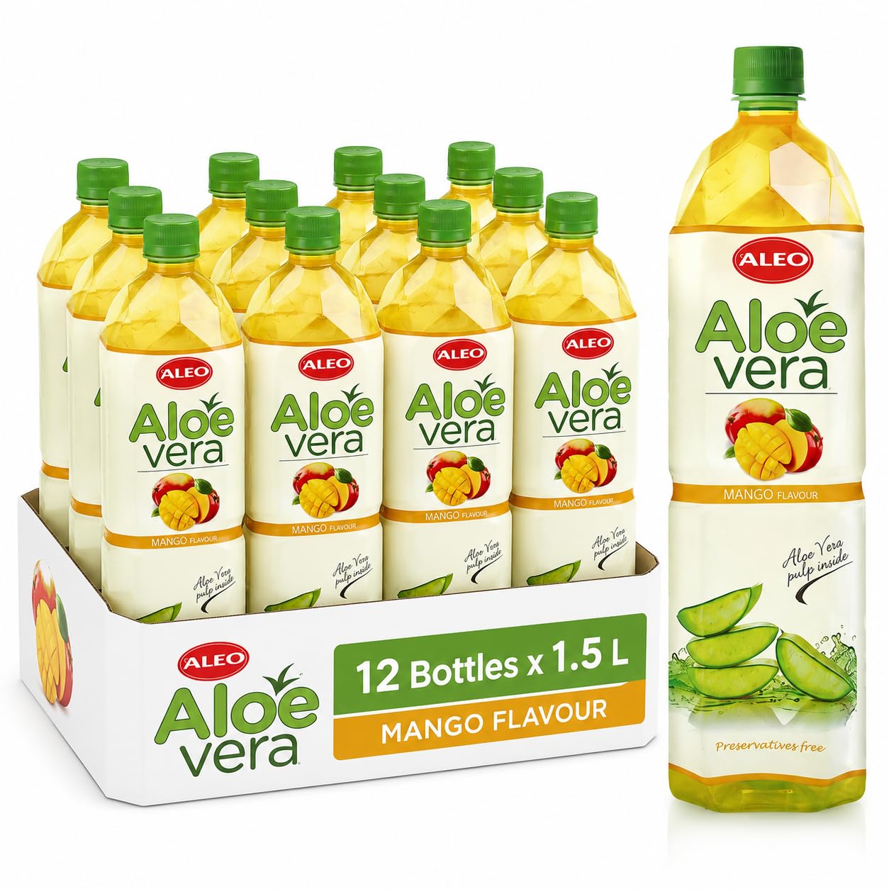 ALEO 1.5L Premium Mango Aloe Vera Drink - Natural, No Preservatives, No Artificial Colors Superior Taste Award 2025
