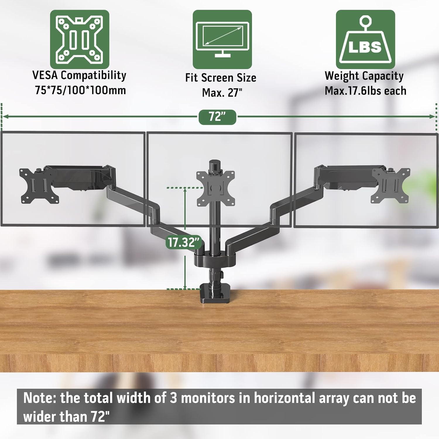 UPGRAVITY Triple Monitor Desk Mount for Three Flat/Curved Computer Screens up to 27 inch, Fully Adjustable Gas Spring Triple Monitor Arms Hold up to 17.6lbs, VESA 75x75/100x100mm