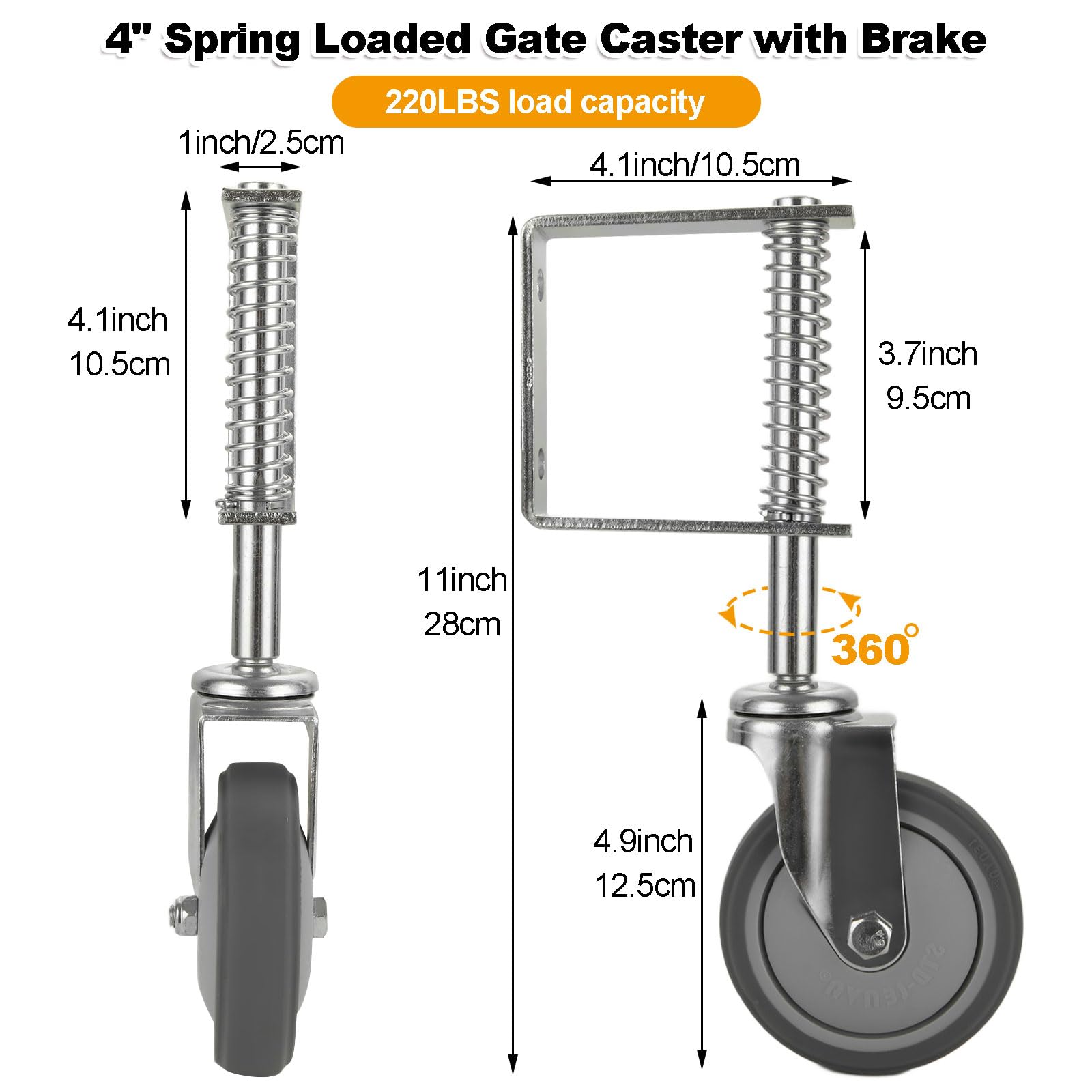 2PCS 4” Spring Loaded Gate Caster, Heavy Duty 250-500 lbs Load Capacity Gate Caster Wheel with Spring Loaded, Universal Mount Pate Gate Caster, 4 Inches Rubber Wheel