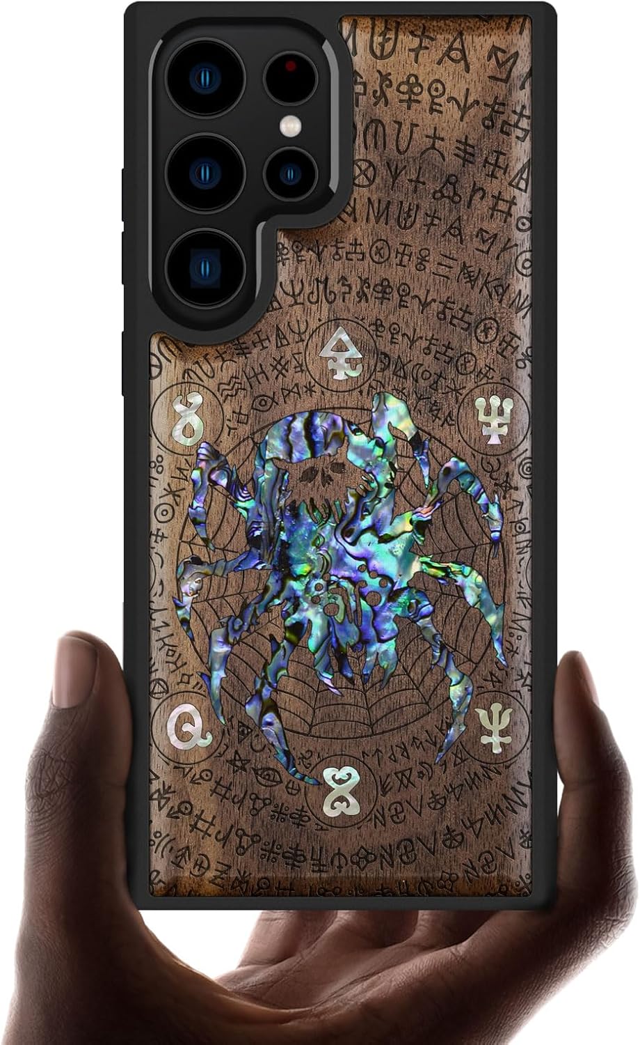 Carveit Designer Wooden Case for Samsung Galaxy S23 Ultra Cover [Wood Engraving & Shell Inlay] Compatible with Wireless Chargers S23 Ultra Case (Cephalopod's Nocturne-Walnut)