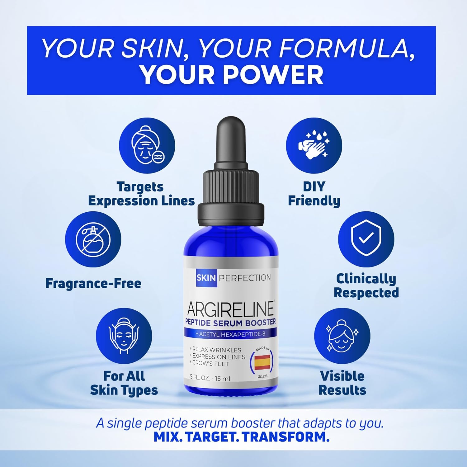 Skin Perfection Argireline Serum - Peptides Serum for Face with Acetyl Hexapeptide-8 for Fine Lines & Wrinkles - Diy Anti Aging Argireline Booster Solution Mix with Any Skincare Products 0.5oz