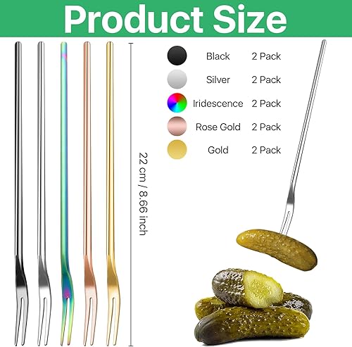 Miniatura 2 de Akamino 10 tenedores de encurtidos, tenedores de ensalada de acero inoxidable 304, mango largo de 8.66 pulgadas, tenedor de fruta de 2 dientes,