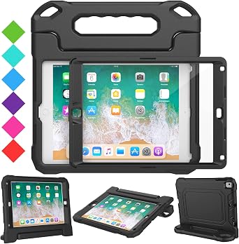 SUPLIK Kids Case for iPad 5th/6th Generation 9.7 inch, 2017/2018, iPad Air 1 & Air 2 & Pro 9.7 Case with Screen Protector, Durable Shockproof Kids Cover with Handle Stand, Black