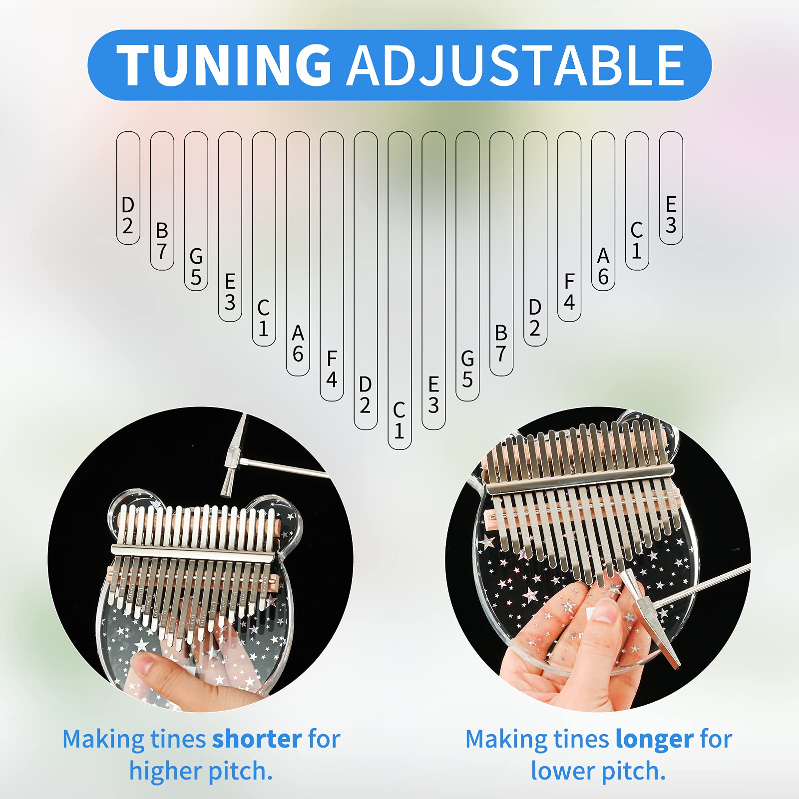 Kalimba 17 Tasten Daumenklavier, transparentes Marimba Acryl-Fingerklavier mit EVA-Tragetasche Stimmhammer Bedienungsanleitung und ständer,Musikalische Kalimba für Kinder Erwachsene Anfänger