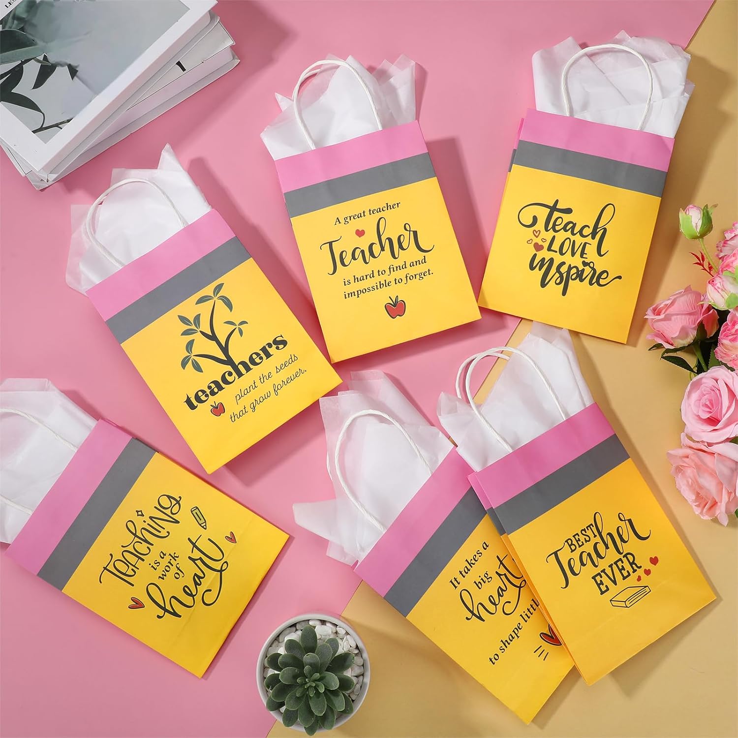 Motipuns 48 Sets Teacher Appreciation Gift Bags with Tissue Paper - Teacher Gift Bags with Handles Bulk Thank You Gifts Bag from Students for Teachers Day Graduation Teachers Gifts Wrapping