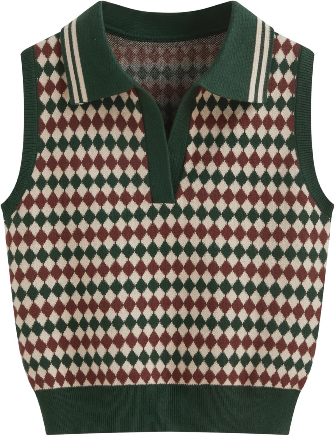 CIDER Knit Jacquard V-Neck Polo Geometric Crop Vest