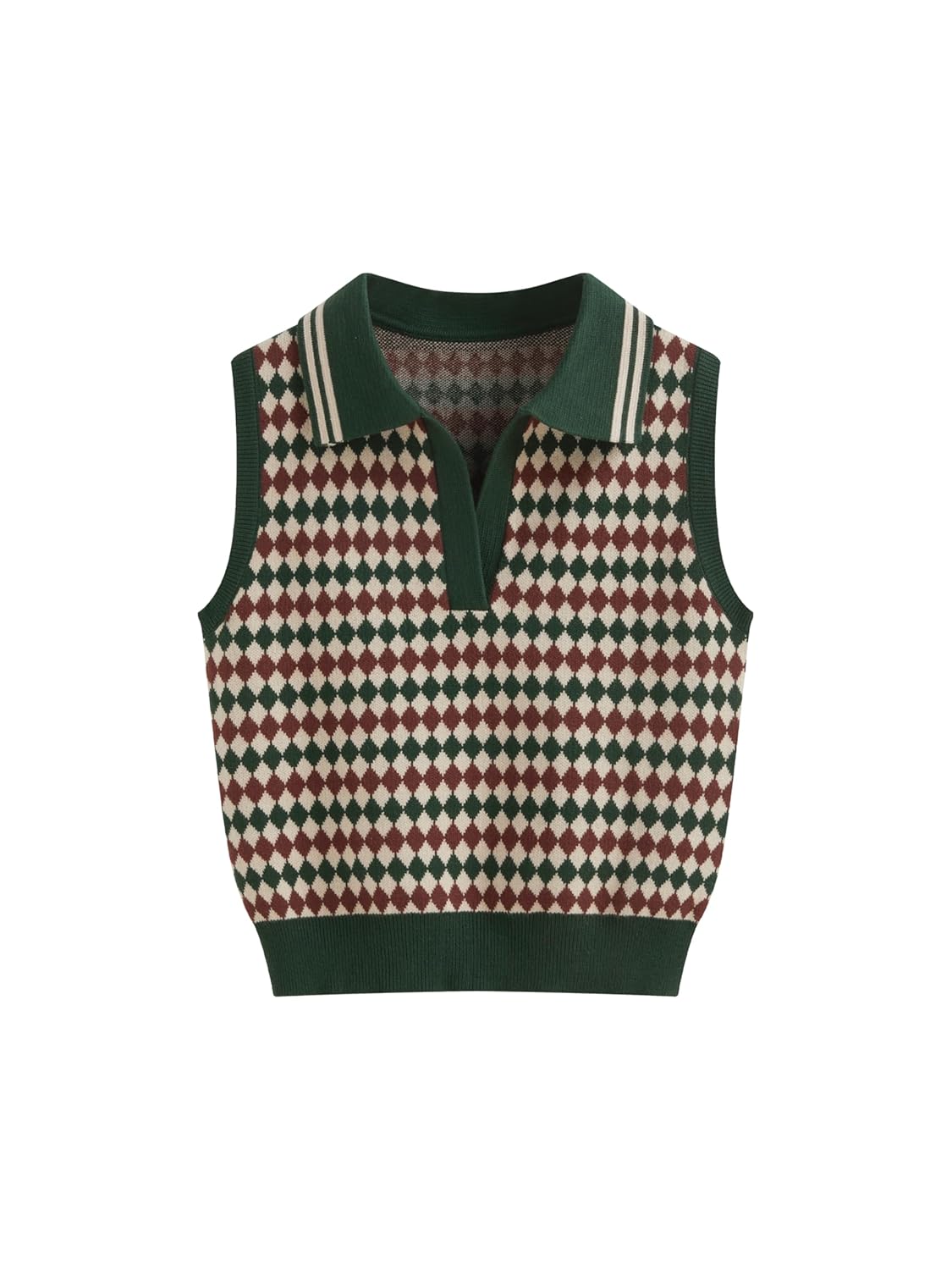 CIDER Knit Jacquard V-Neck Polo Geometric Crop Vest