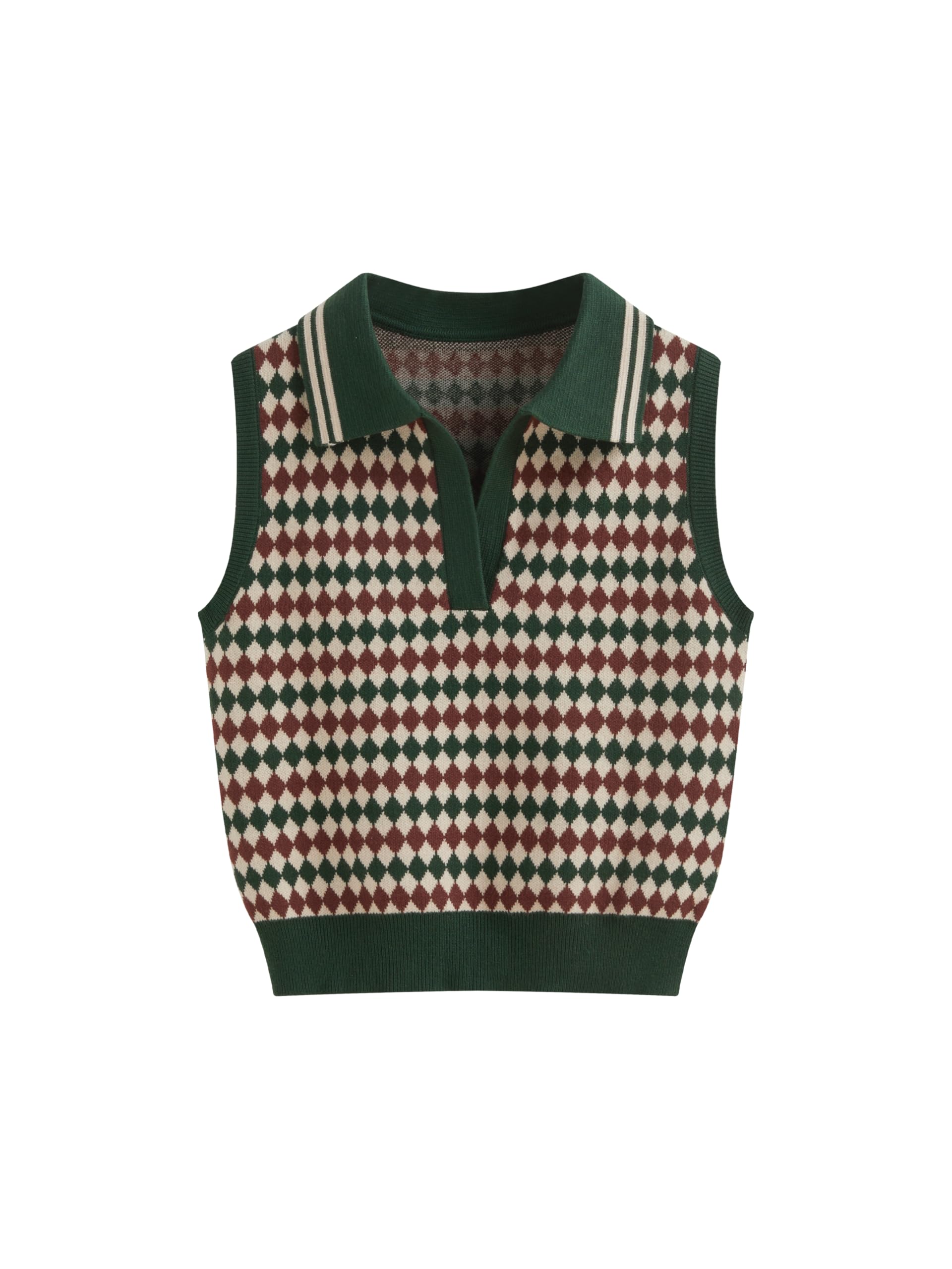 CIDER Knit Jacquard V-Neck Polo Geometric Crop Vest