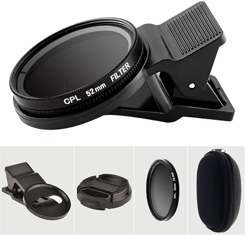 52mm CPL Polarized Phone Camera Lens, Universal Clip On CPL Phone Filter Lens, HD Optical Glass Polarized Lens for iPhone Samsung Most Phones, Anti-Glare Camera Lens for Photography