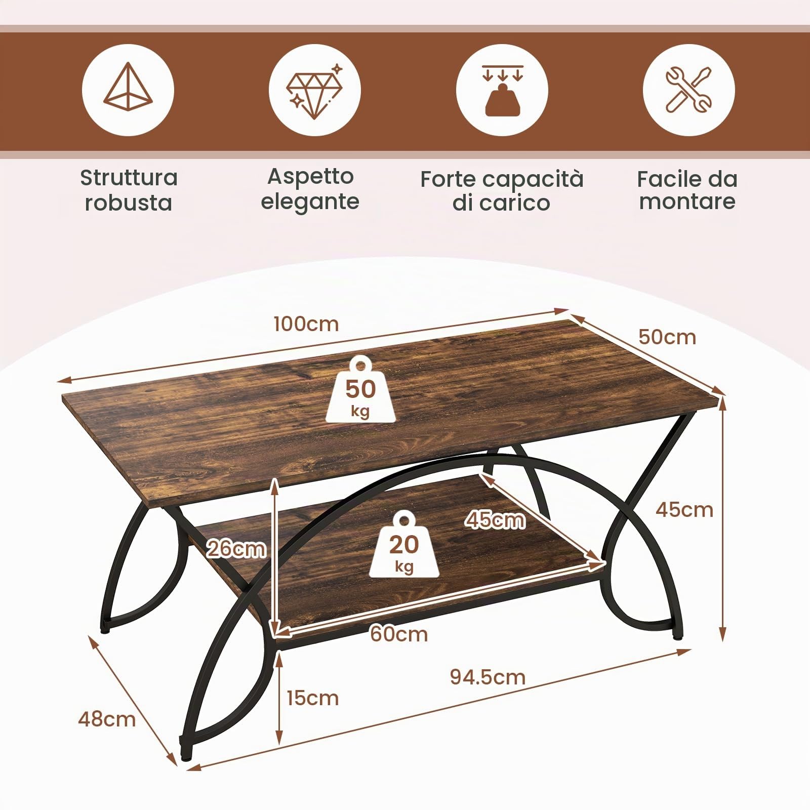 GIANTEX Tavolino da Caffè Oro, Tavolo da Salotto con Gambe in Metallo, Tavolino con Effetto Marmo per Soggiorno, Studio, Camera,110 x 50 x 46 cm (Marrone)