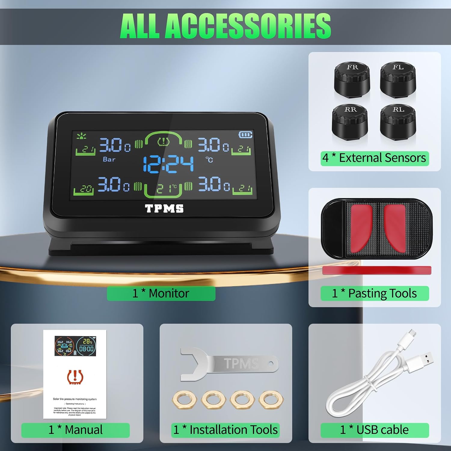 Tire Pressure Monitoring System,Wireless Solar Charging,Color LCD Display,Real-time Monitoring of Tire Pressure&Temperature,6 Alarm Modes,RV TPMS 4 Sensors for RV/Truck/Trailer/Sedan(0-87 PSI)