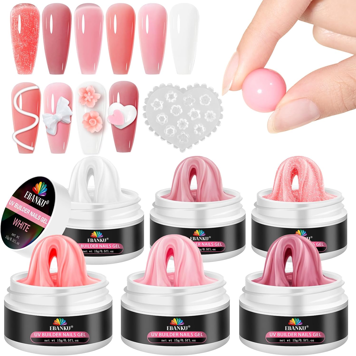 EBANKU Solid Builder Gel for Nails, 6 Colors Nail Extension Solid Builder Gel Sculpture Builder Gel Nail Extension Gel Kit with Silicone Mold for Nail Salon