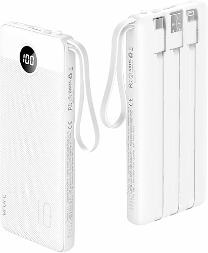 VRURC Banco de energía para iPhone, cargador portátil USB C de 10000 mAh, carga de teléfono de carga rápida de 22.5 W con cables integrados, banco