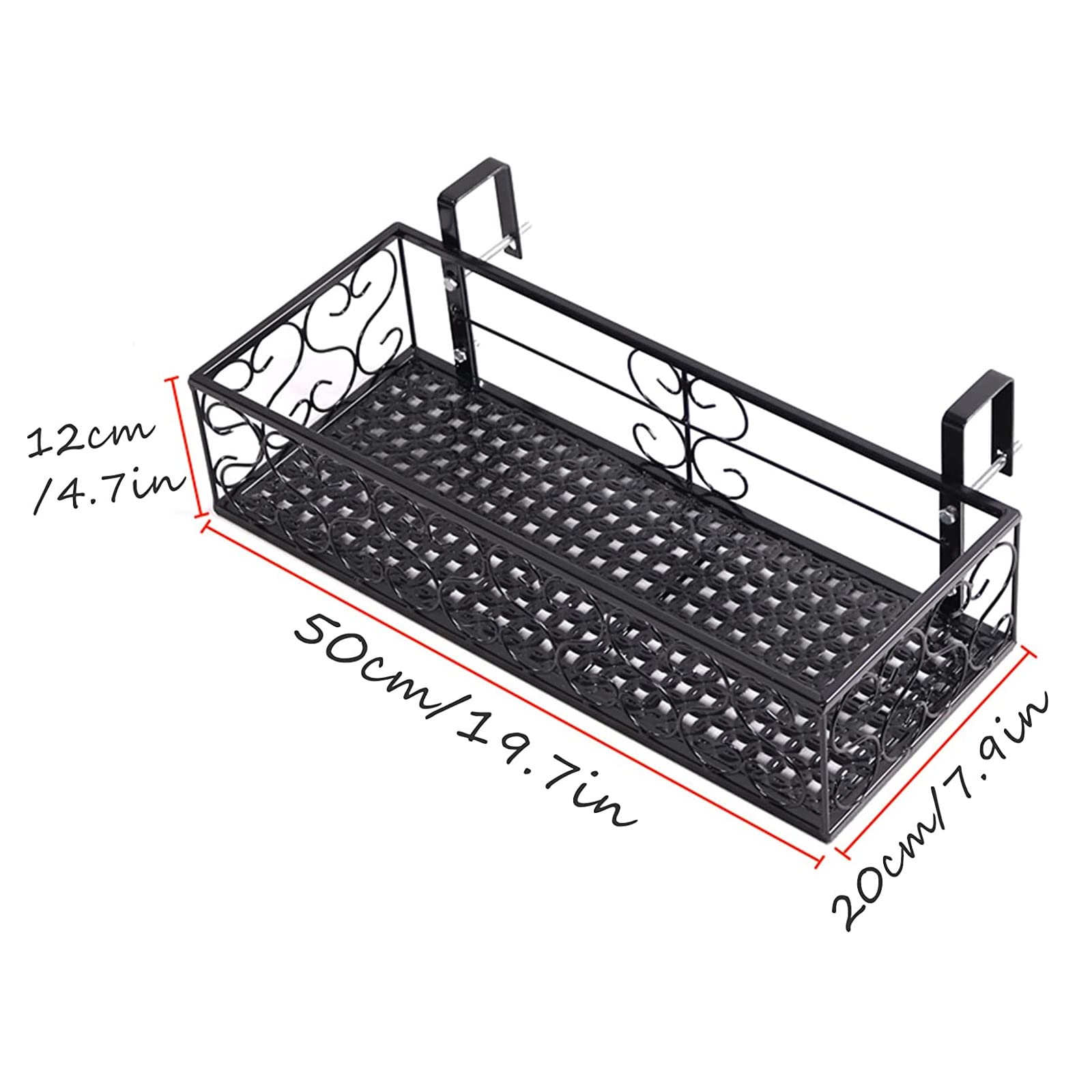 Fioriera sospesa per ringhiera, rettangolare, in ferro, per balcone, 50 x 20 x 12 cm, scaffale da esterno, resistente cesto per ringhiera per piante, espositore decorativo da giardino