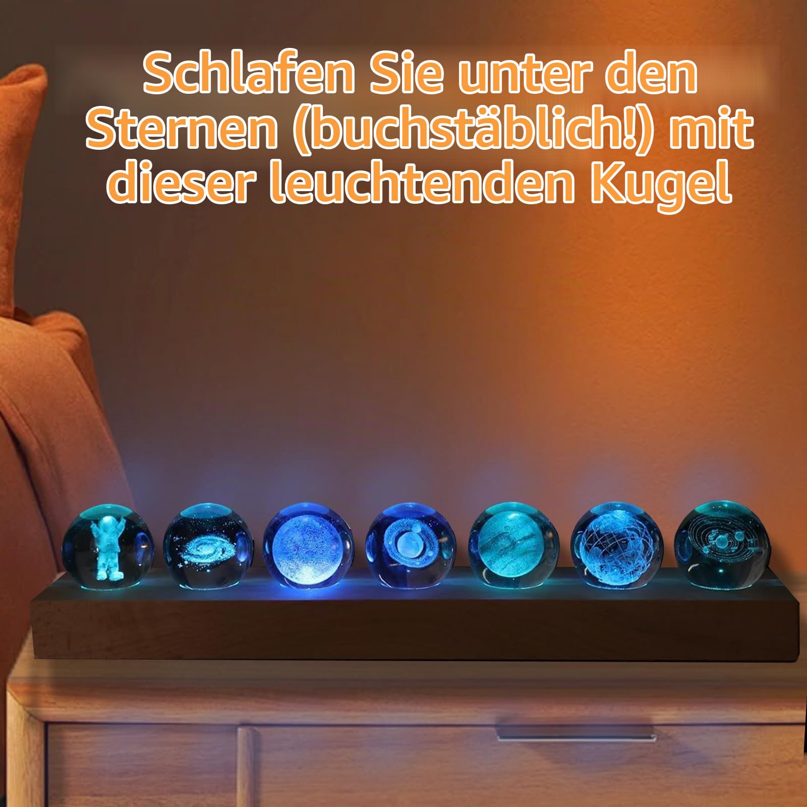 3D Kristallkugel Nachtlicht, 7 Planet Sonnensystem Glaskristallkugeln mit LED Holzsockel, 40mm Glaskugel LED Ball Lampe, Planeten Modell Kristallkugel Schreibtisch Dekor Astronomie Geschenk
