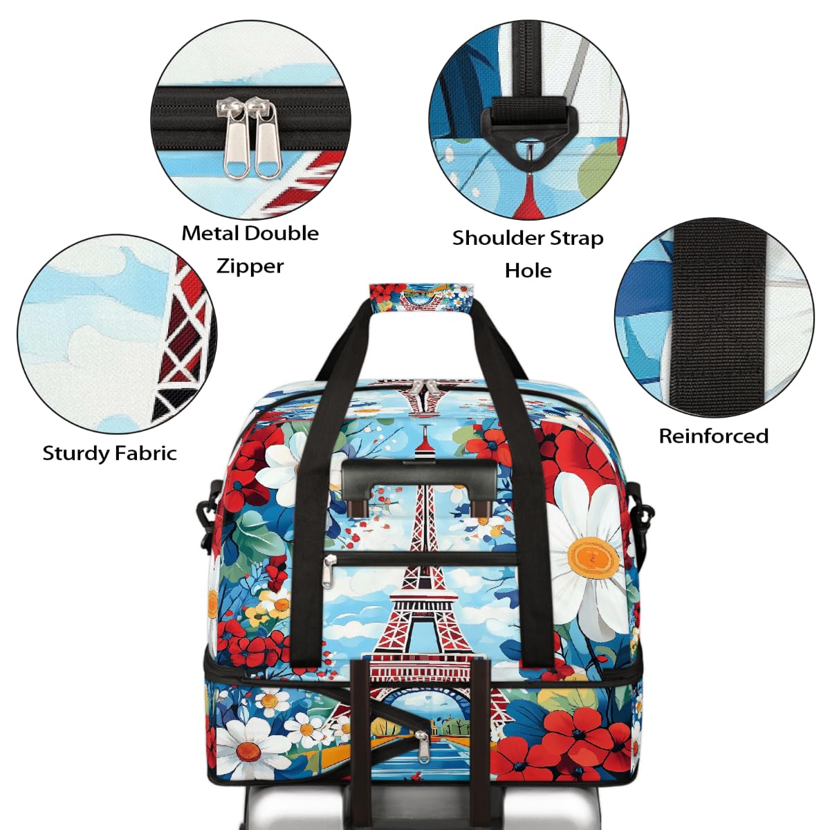Borsone da viaggio pieghevole con motivo Torre Eiffel di Parigi, borsa da palestra espandibile con scomparto per scarpe, grande capacità, borsa da weekender, per viaggi, sport, viaggi notturni