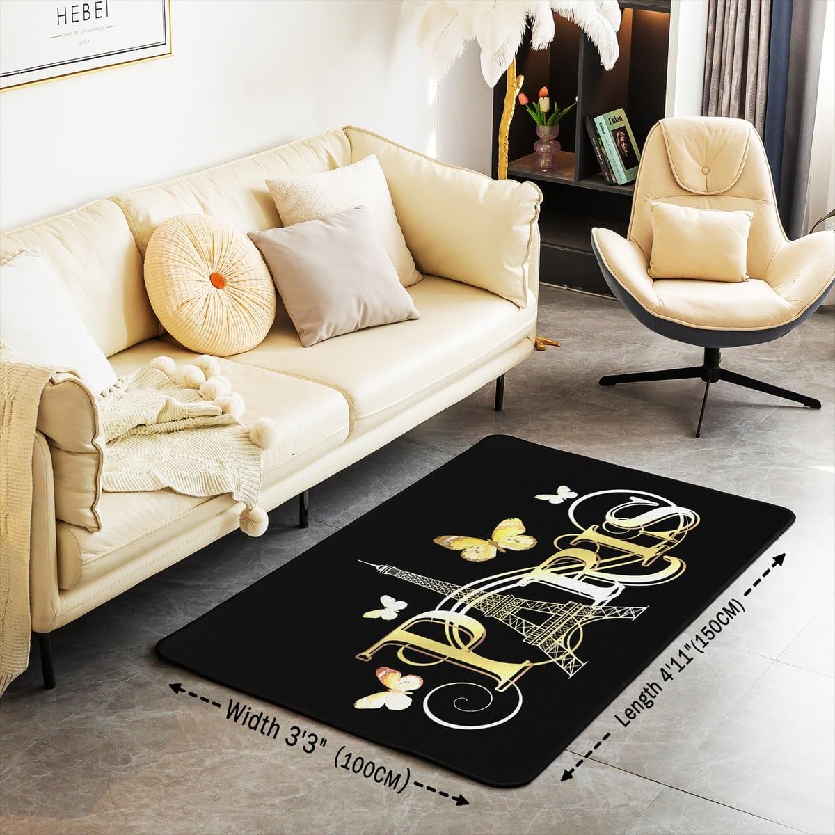 jejeloiu Eiffel Tower Area Rug 4x5 Paris Decorative Area Rug Home Decor Paris Decor Valentines Butterfly Gold Black Accent Rug