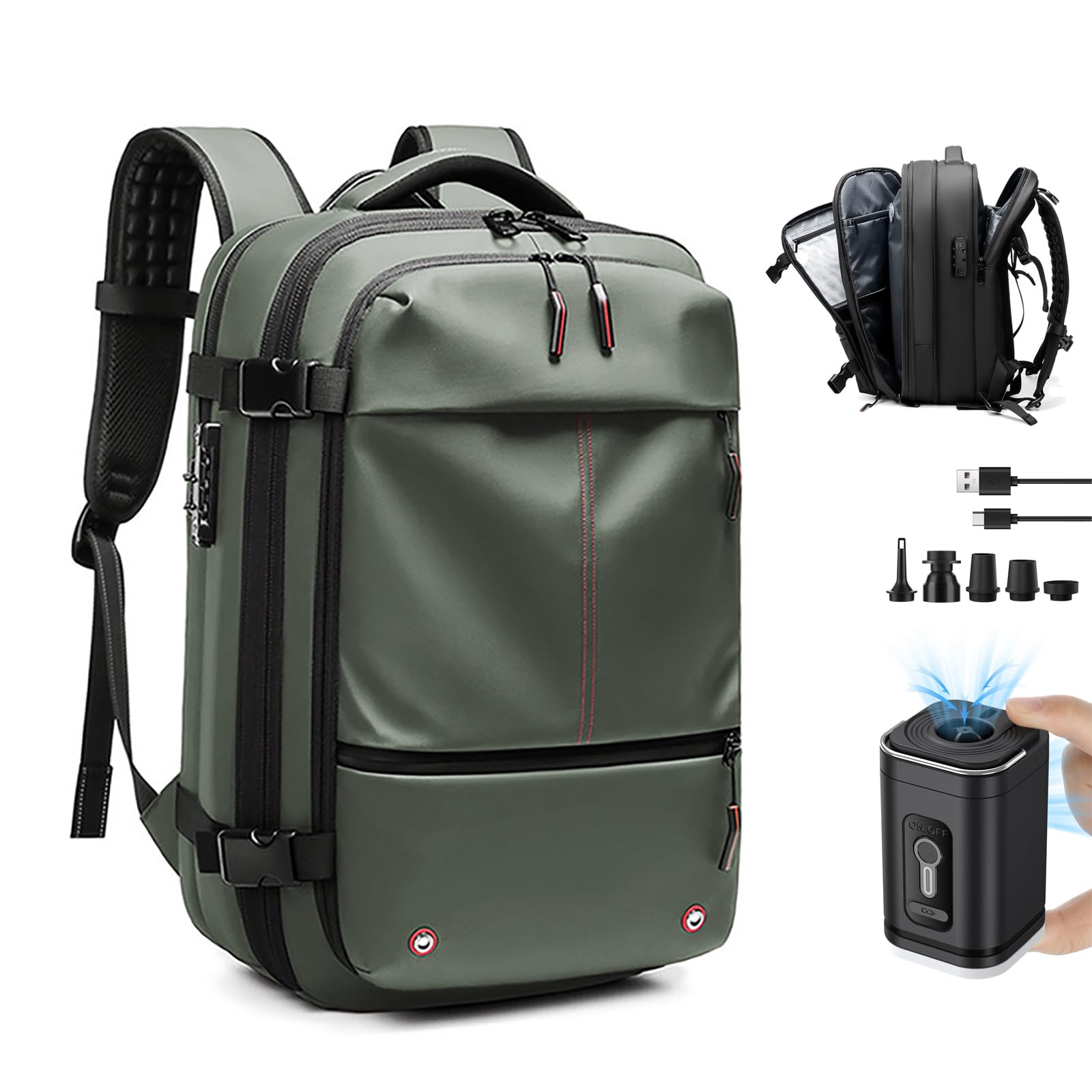 ADKBO Vacpack Backpack, Airback Backpack with Pump, 60L Expandable Backpack with Vacuum Compression, Waterproof and Anti-Theft Air Vacuum Backpack for Travel (Green, With Air Pump), BP-0630