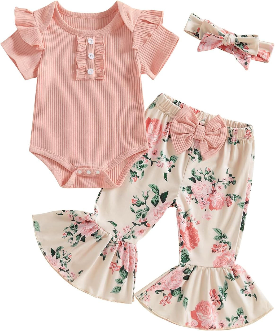 ZAXARRA Newborn Baby Girls Outfit Flying Sleeve Crew Neck Romper Floral Flared Pants Headband Cute Casual Clothes Set