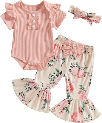 ZAXARRA Newborn Baby Girls Outfit Flying Sleeve Crew Neck Romper Floral Flared Pants Headband Cute Casual Clothes Set