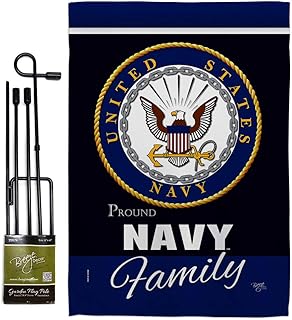 Breeze Decor Navy Proudly Family Garden Flag - Set with Stand Armed Forces USN Seabee United State American Military Veteran Retire Official - House Banner Small Yard Gift Double-Sided Made in USA
