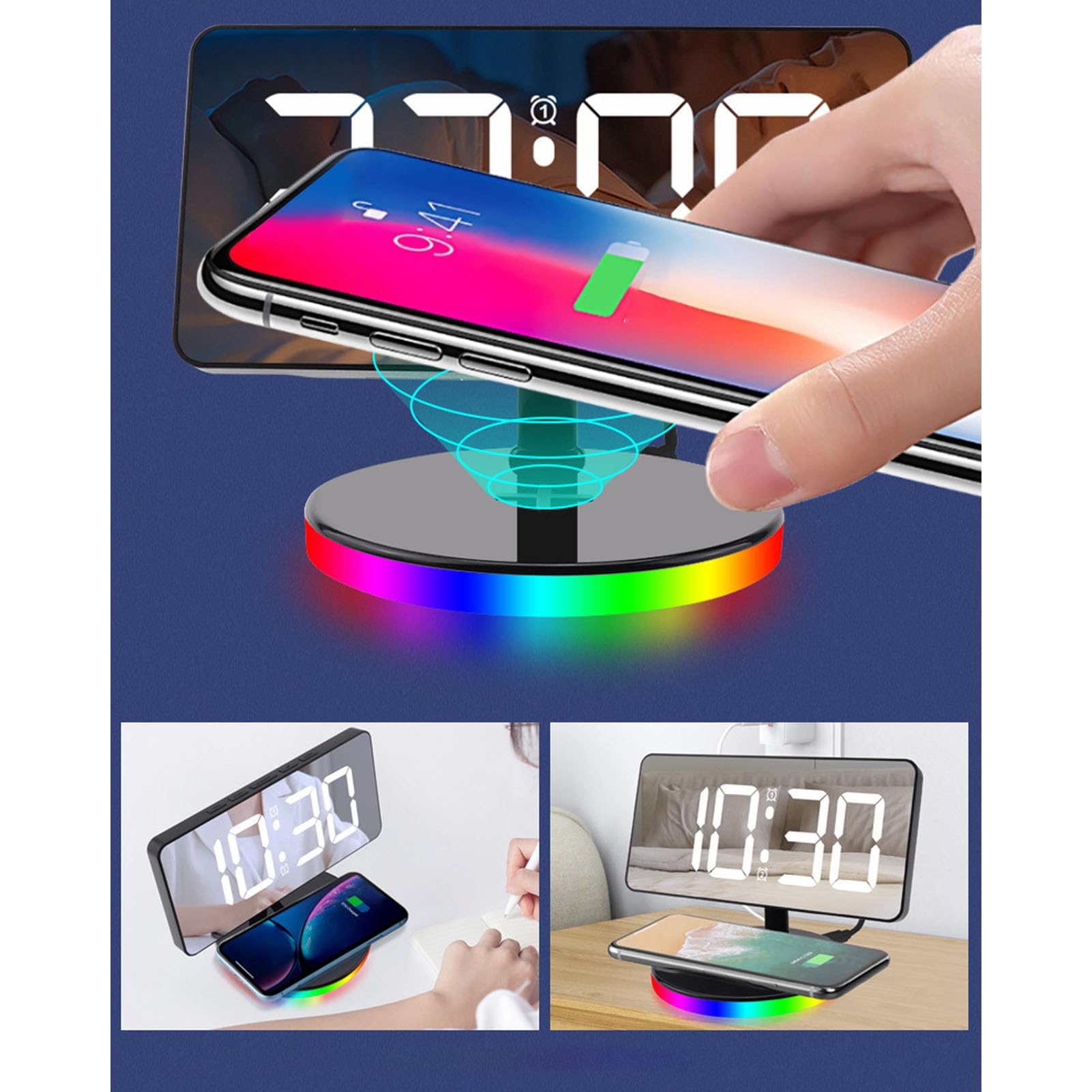 Reloj Despertador LED Digital, Pantalla de Espejo Grande de 7,3 Pulgadas con Cargador Inalámbrico, Función de Repetición, Luz RGB, Brillo Ajustable, Reloj de Escritorio (Black)