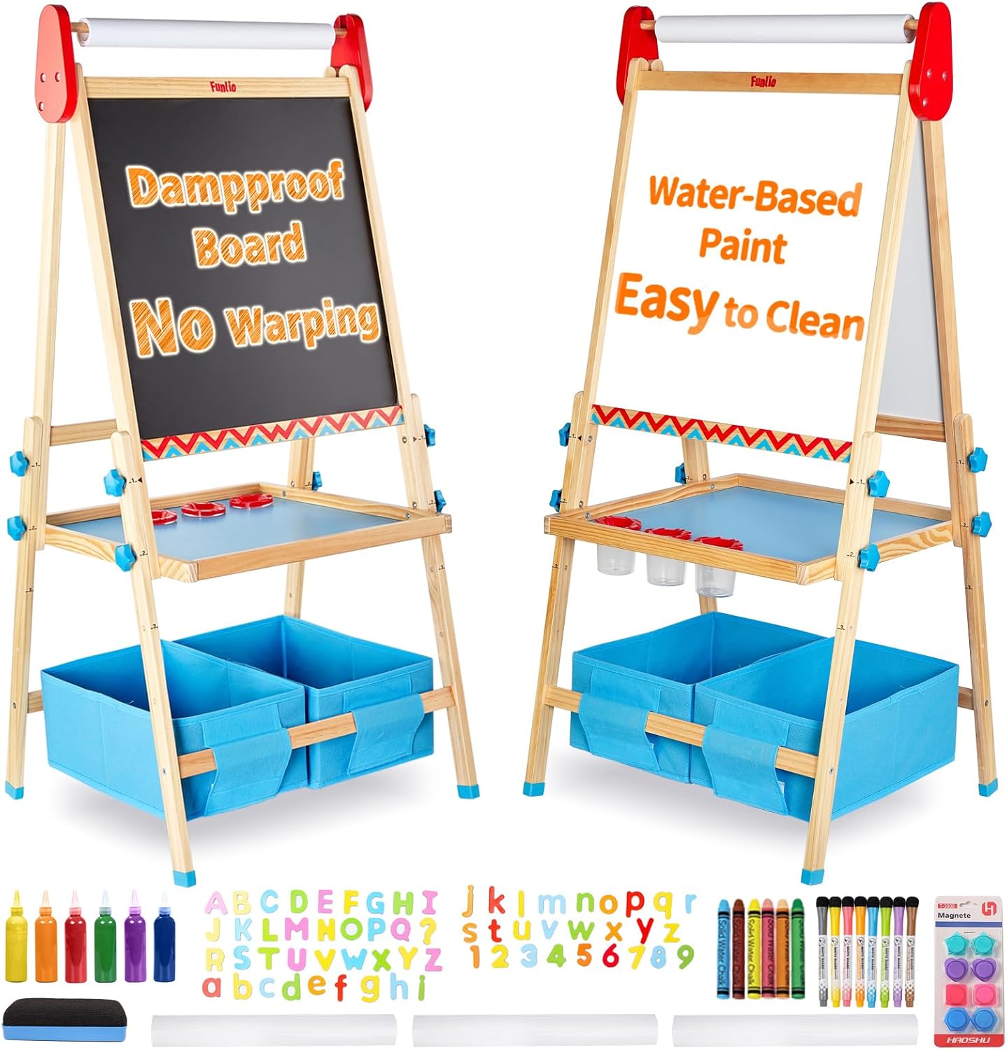 FUNLIO Anti-Warping Kids Art Easel, 3 Height Adjustable for Kids Aged 2-8, All-in-One Toddler Easel with Paper Roll & Erasable Frame, Standing Easel with Magnetic Chalkboard/Whiteboard (Blue)