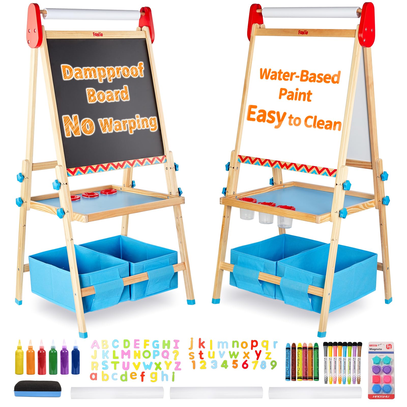 FUNLIO Art Easel for Kids Aged 3-8, Anti-Warp Board & Erasable Frame, Toddler Painting Easel with Magnetic Chalkboard/Whiteboard, 3 Height Adjustable, All-in-One Standing Easel with Paper Roll - Blue — image 1