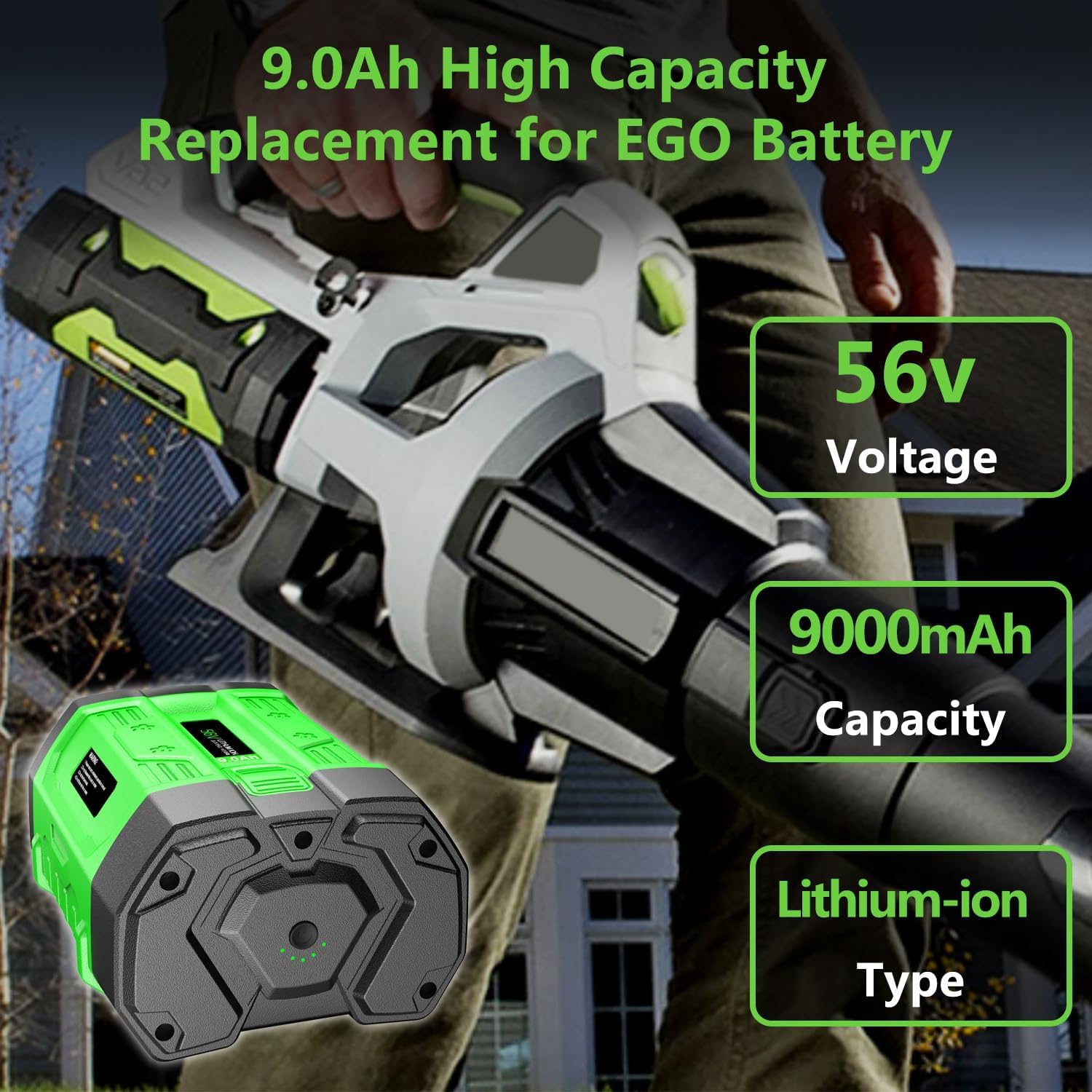9.0Ah Ricambio per batteria EGO 56V 9000mAh compatibile con tutti gli strumenti Power 56V EGO Power+, batteria con indicatore del carburante aggiornato