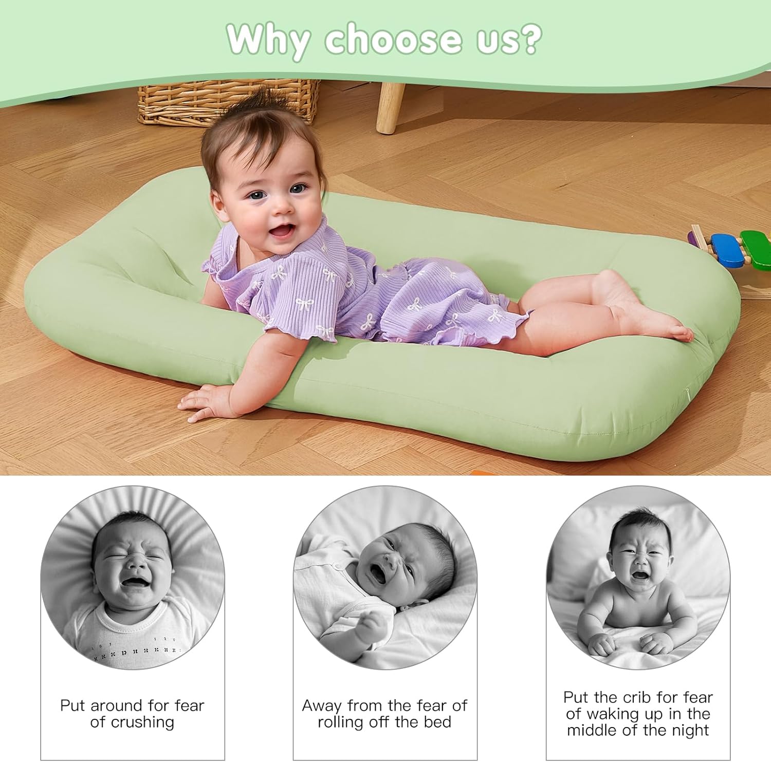 Lucakuins Baby Lounger for Newborn, 0-24 Months, Bionic Design Infant Lounger for Home and Travel, Soft Organic Cotton, Newborn Babies Essentials Gifts (Pure Green Baby Lounger)