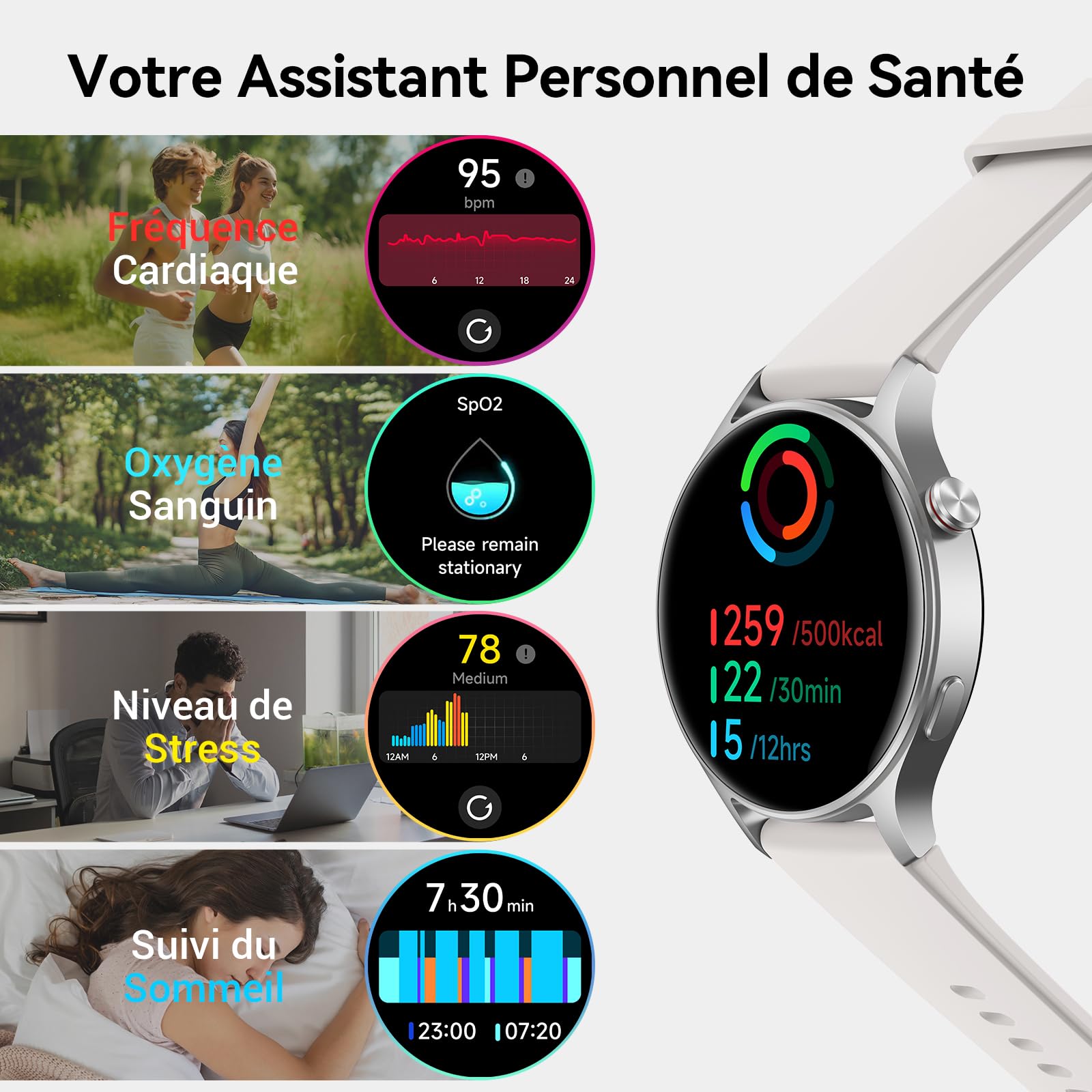 Montre Connectée Femme Homme avec Appel Bluetooth 5.3-1,32" Smartwatch AMOLED pour Android iOS, Montre de Sport Podometre avec 110+ Sports & 3ATM Bracelet Fitness avec Moniteur Sommeil/ SpO2 -Gris