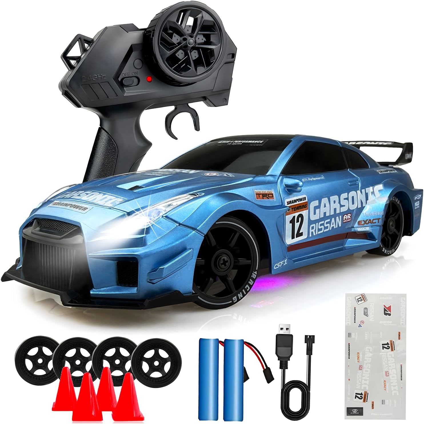 HTURCCOP 1:24 RC Drift 2.4GHz with LED Light Race Car Toys for Boys and Girls Aged 6+ Speed Adjustable up to 23Km/H, High-Speed RC Racing Cars Toy Gift for Boys & Girls (Blue)