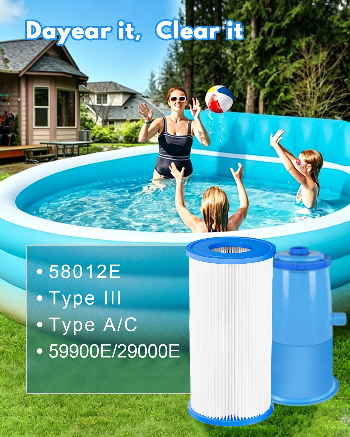 Cartucho de Filtro de Piscina para Tipo A o C (4 Paquete) Compatible con Piscinas elevadas 29000E/59900E Filtro de natación Reutilizable Tipo A/C para Bomba de Filtro de 1000/1500/530 GPH